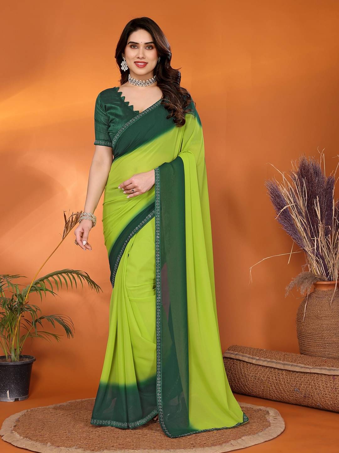 ANAND SAREES Georgette Embellished Regular Saree With Unstitched Blouse Piece ( Green ) ANAND SAREES Georgette Embellished Regular Saree With Unstitched Blouse Piece ( Green )
