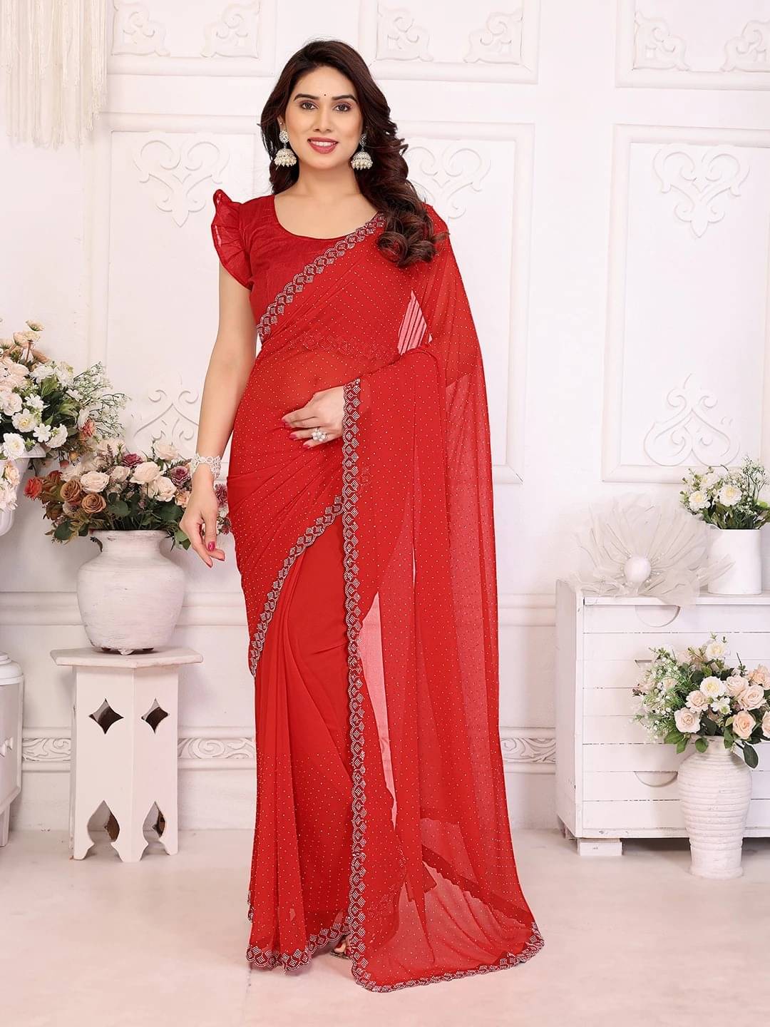 ANAND SAREES Georgette Embellished Regular Saree With Unstitched Blouse Piece ( Red ) ANAND SAREES Georgette Embellished Regular Saree With Unstitched Blouse Piece ( Red )
