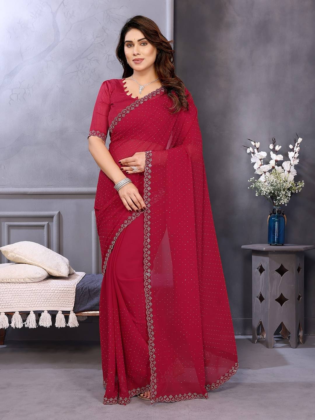 ANAND SAREES Georgette Embellished Regular Saree With Unstitched Blouse Piece ( Red ) ANAND SAREES Georgette Embellished Regular Saree With Unstitched Blouse Piece ( Red )