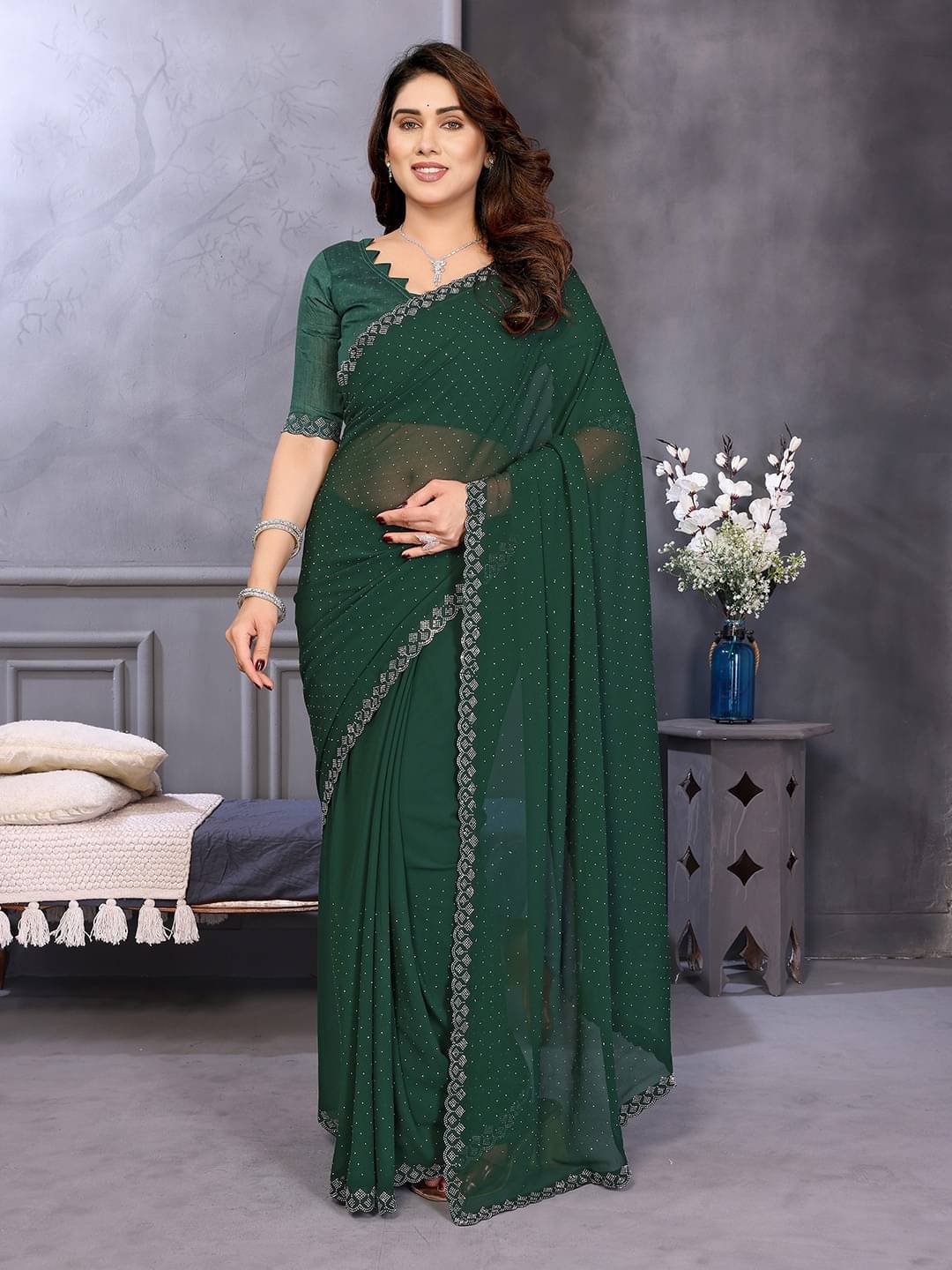     			ANAND SAREES Georgette Embellished Regular Saree With Unstitched Blouse Piece ( Green )