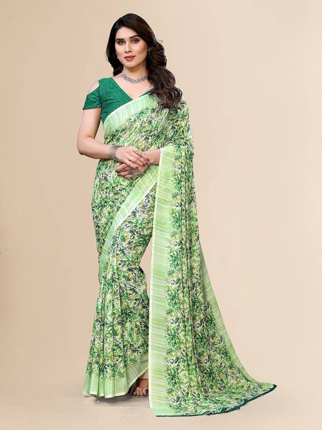 ANAND SAREES Georgette Printed Regular Saree With Unstitched Blouse Piece ( Green )     			ANAND SAREES Georgette Printed Regular Saree With Unstitched Blouse Piece ( Green )