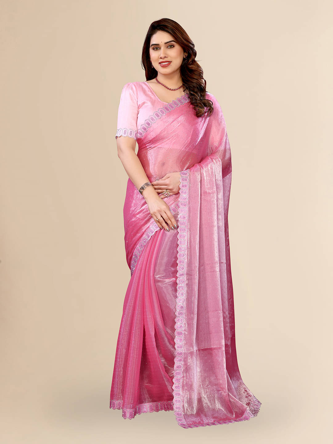     			ANAND SAREES Jimmy Choo Solid Ilkal Saree With Unstitched Blouse Piece ( Fluorescent Pink )