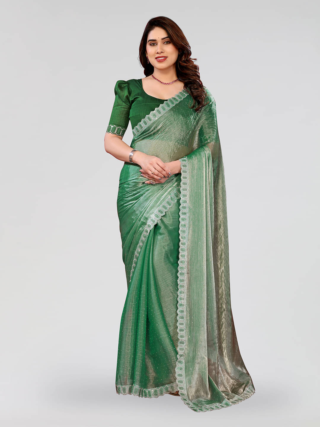 ANAND SAREES Jimmy Choo Solid Ilkal Saree With Unstitched Blouse Piece ( GREEN ) ANAND SAREES Jimmy Choo Solid Ilkal Saree With Unstitched Blouse Piece ( GREEN )