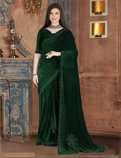     			Aika Velvet Solid Regular Saree With Unstitched Blouse Piece ( Green )