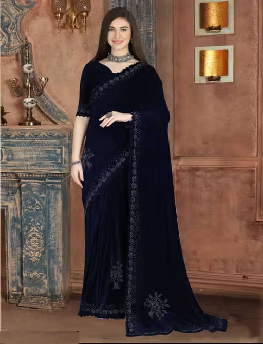 Aika Velvet Solid Regular Saree With Unstitched Blouse Piece ( Navy Blue ) Aika Velvet Solid Regular Saree With Unstitched Blouse Piece ( Navy Blue )