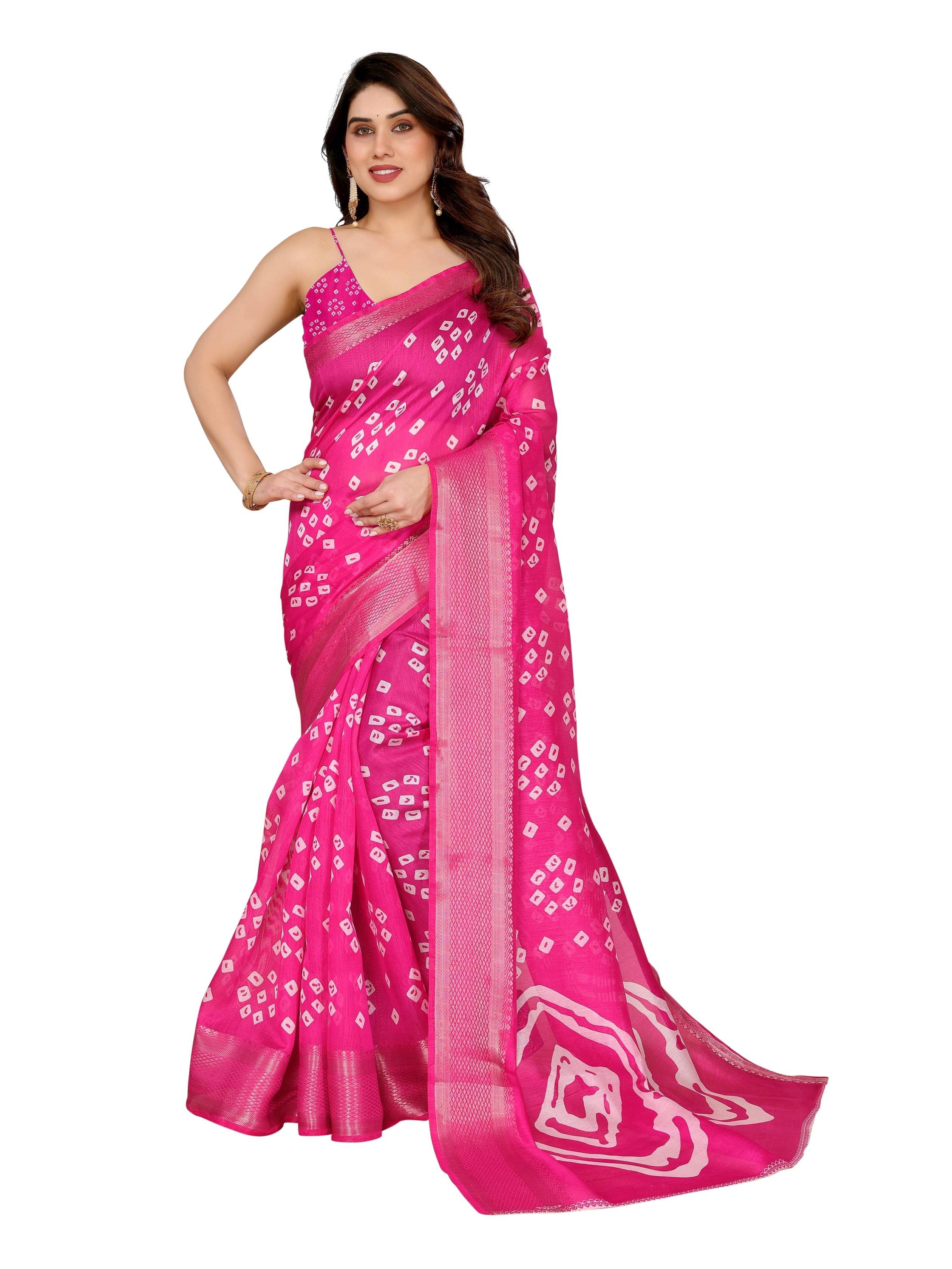     			BANDHANI VILLA Cotton Blend Printed Regular Saree With Unstitched Blouse Piece ( Pink )