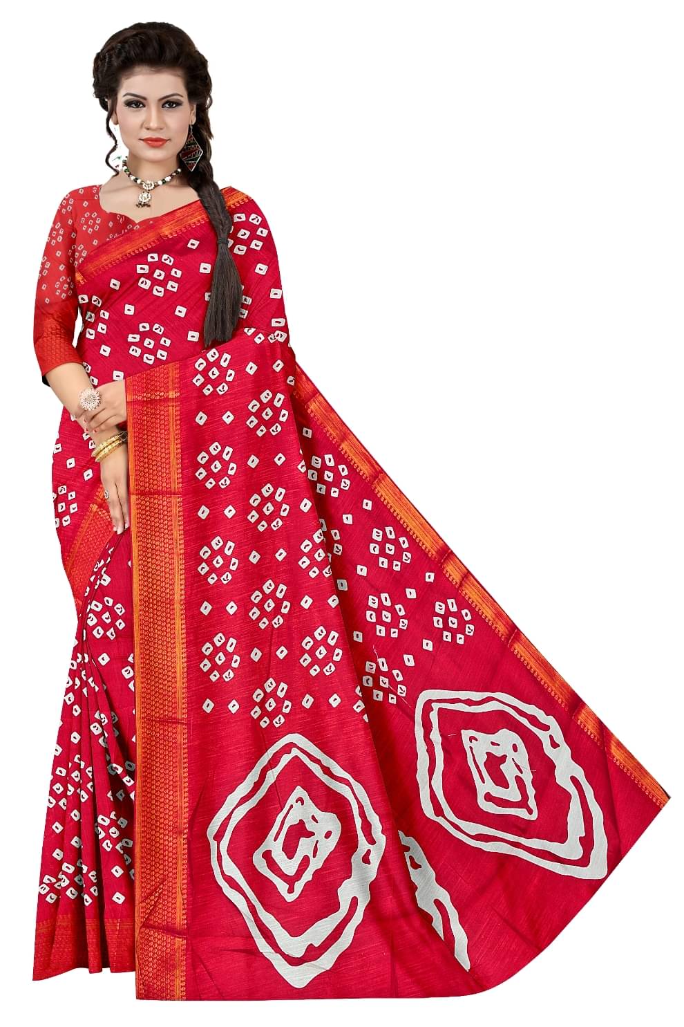     			BANDHANI VILLA Cotton Blend Printed Regular Saree With Unstitched Blouse Piece ( Red )