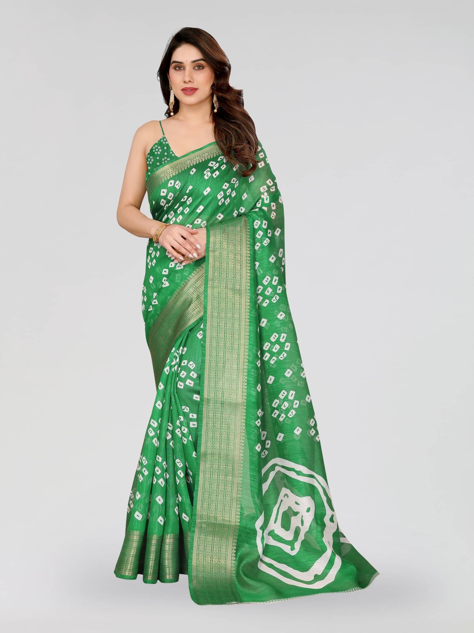     			BANDHANI VILLA Cotton Blend Printed Regular Saree With Unstitched Blouse Piece ( Green )
