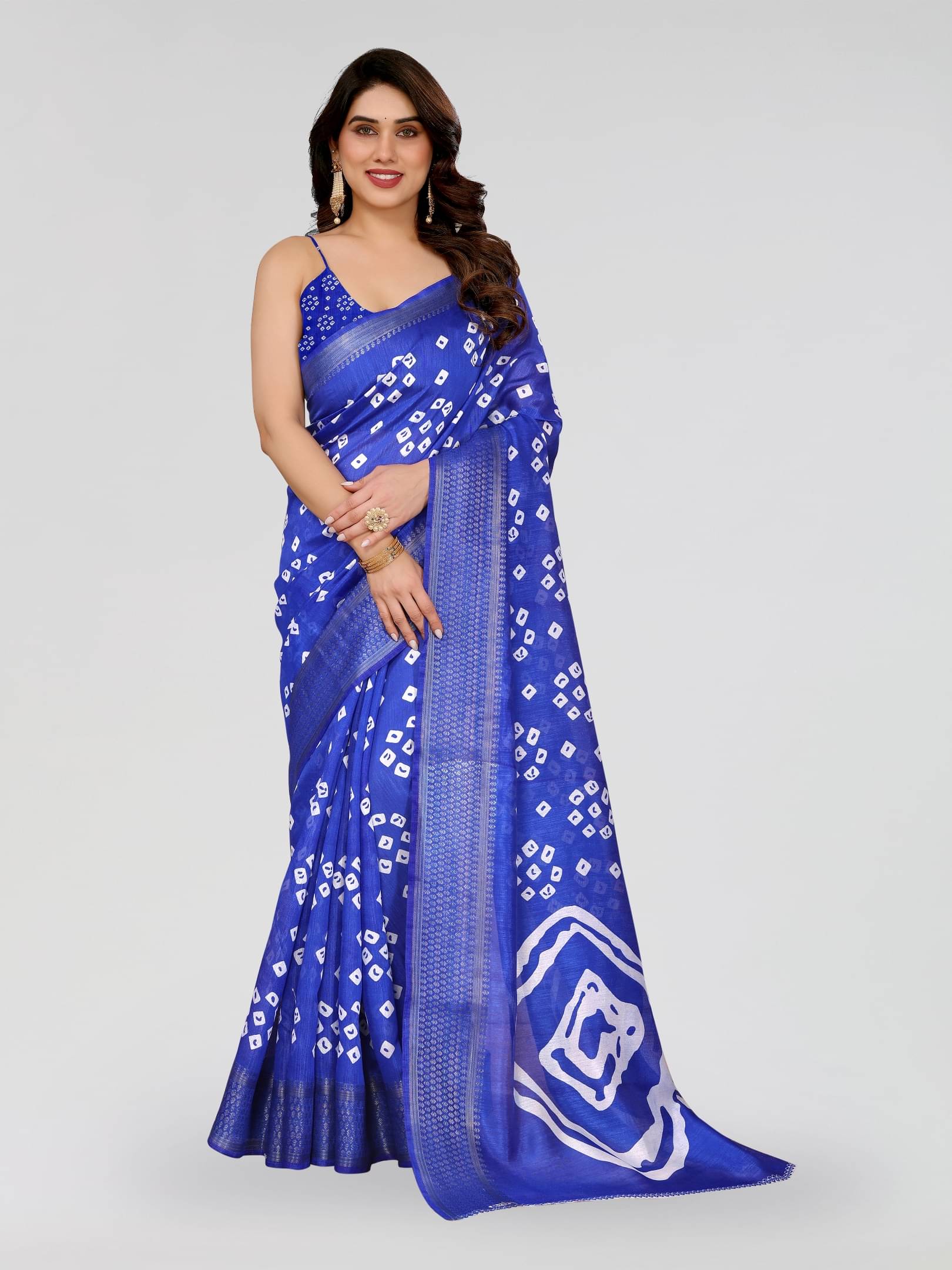     			BANDHANI VILLA Cotton Blend Printed Regular Saree With Unstitched Blouse Piece ( Blue )