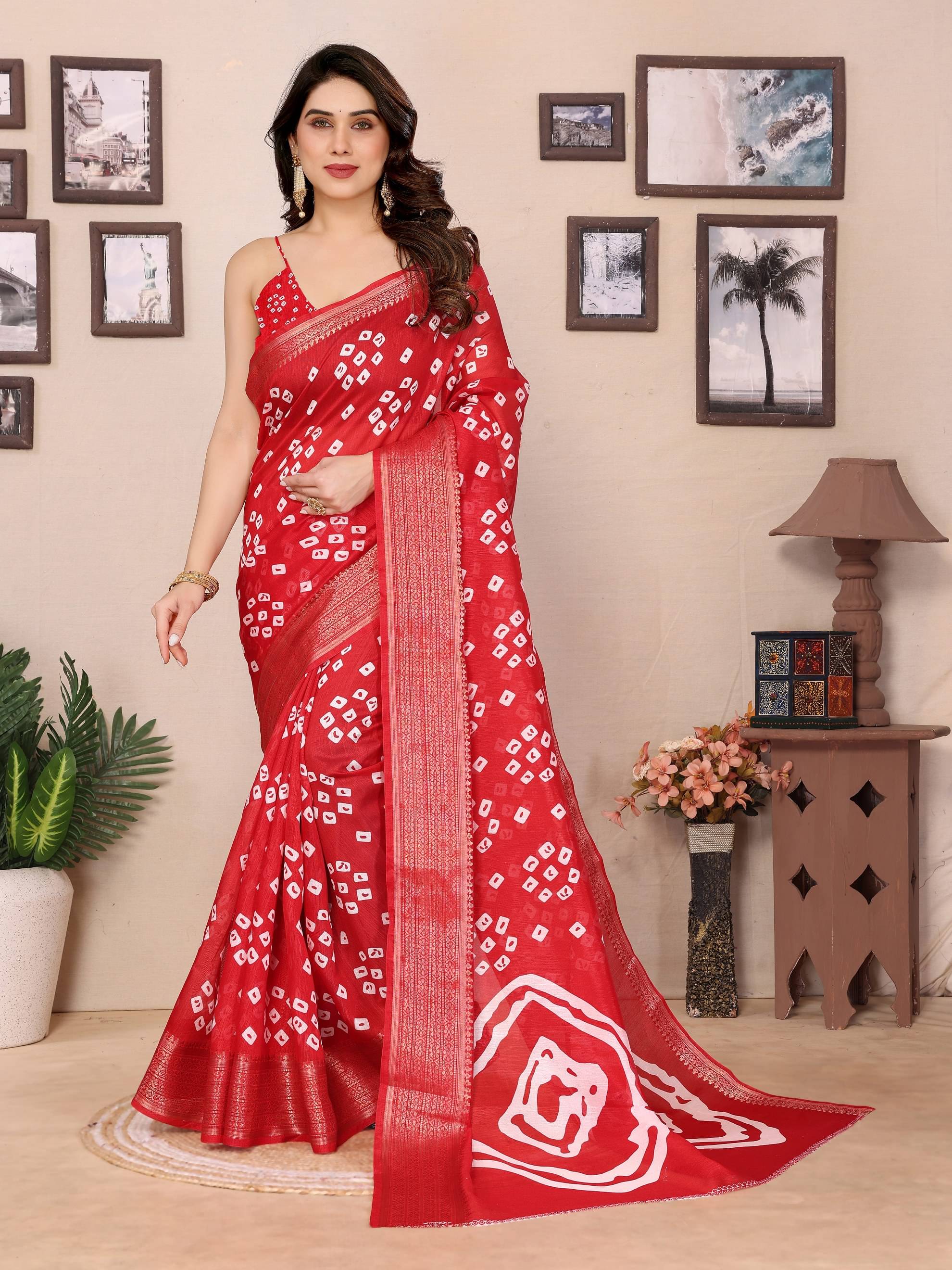 BANDHANI VILLA Cotton Blend Printed Regular Saree With Unstitched Blouse Piece ( Red ) BANDHANI VILLA Cotton Blend Printed Regular Saree With Unstitched Blouse Piece ( Red )