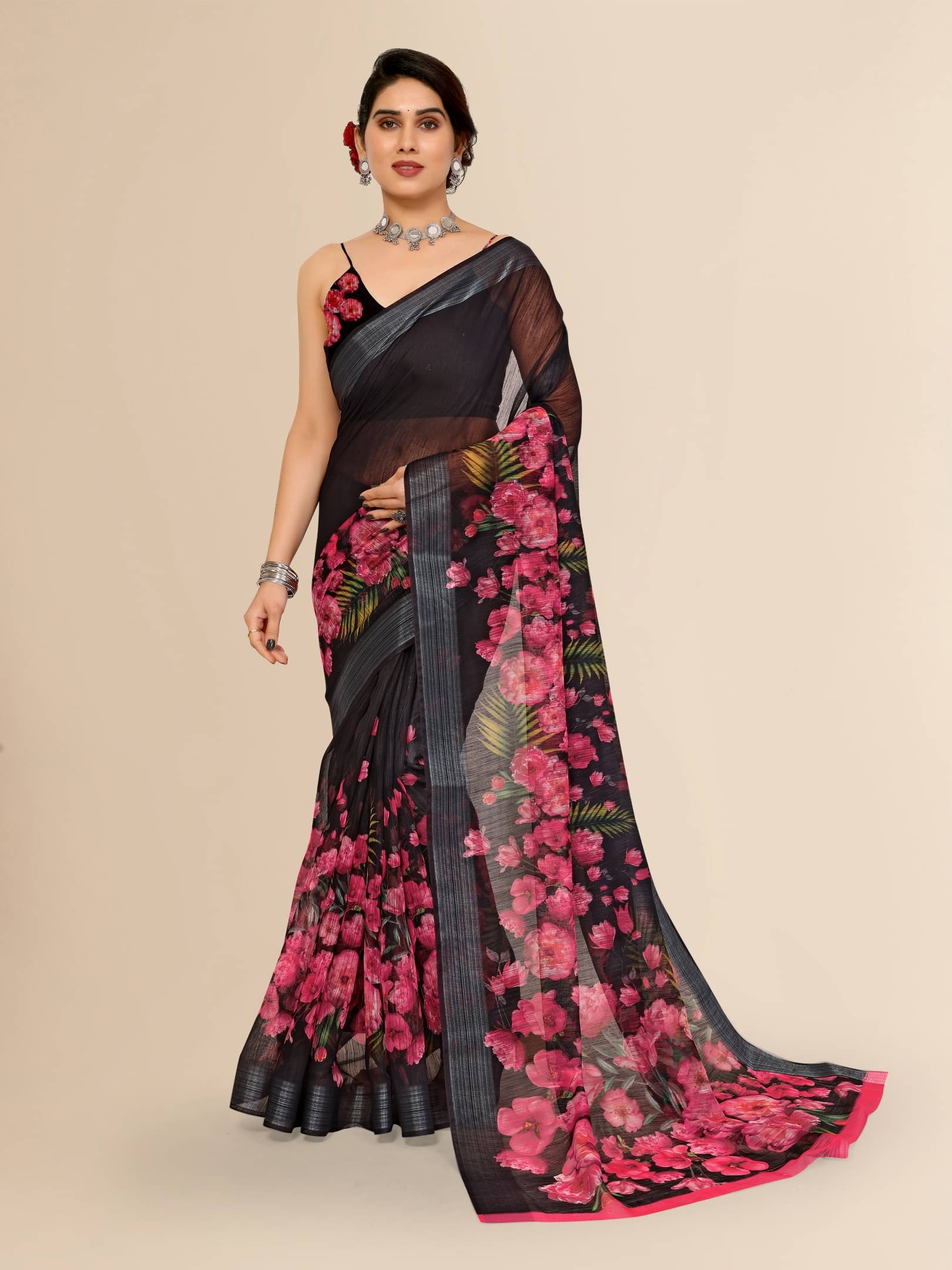 BANDHANI VILLA Linen Printed Regular Saree With Unstitched Blouse Piece ( Black ) BANDHANI VILLA Linen Printed Regular Saree With Unstitched Blouse Piece ( Black )