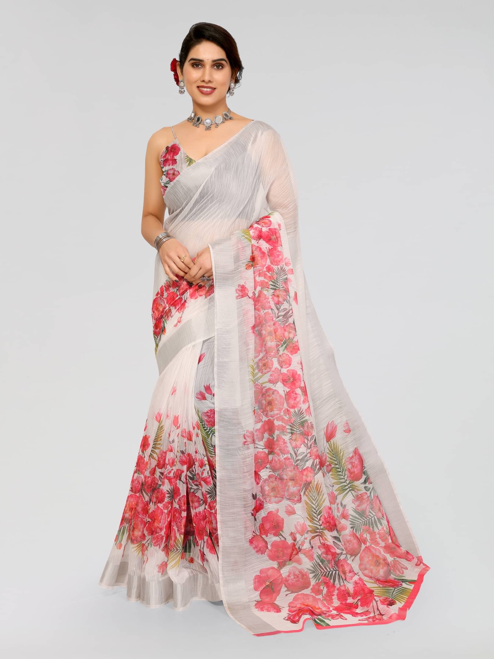     			BANDHANI VILLA Linen Printed Regular Saree With Unstitched Blouse Piece ( White )