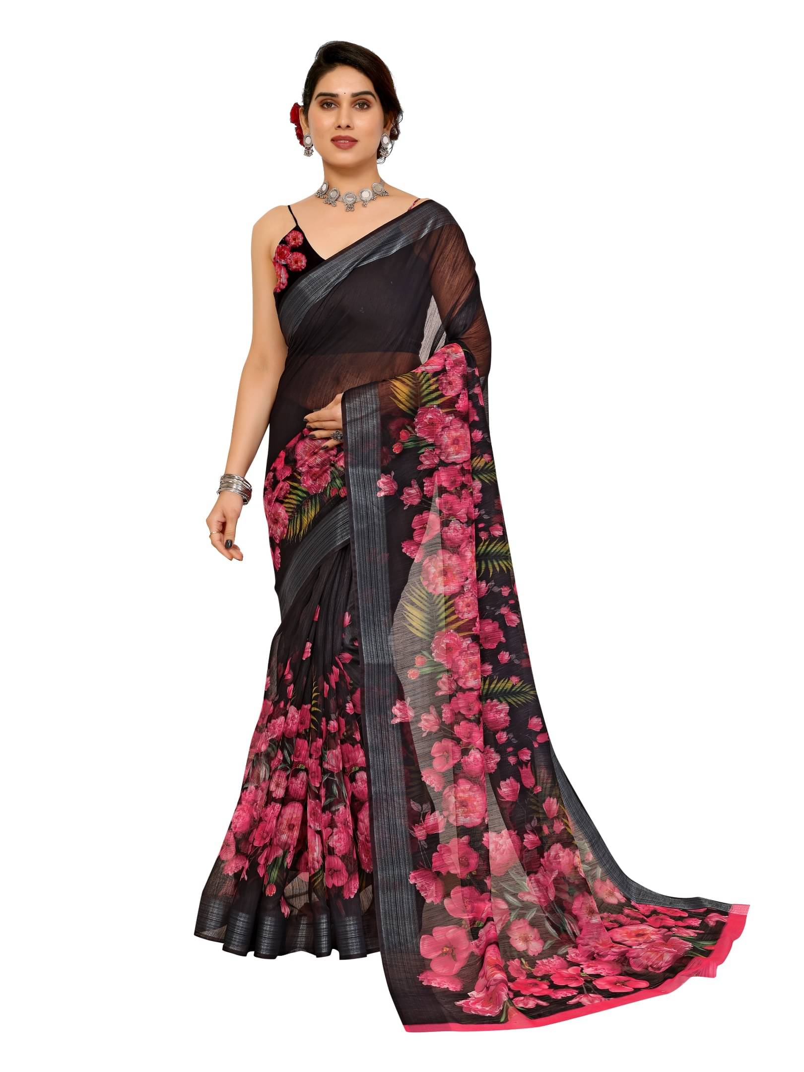     			BANDHANI VILLA Linen Printed Regular Saree With Unstitched Blouse Piece ( Black )