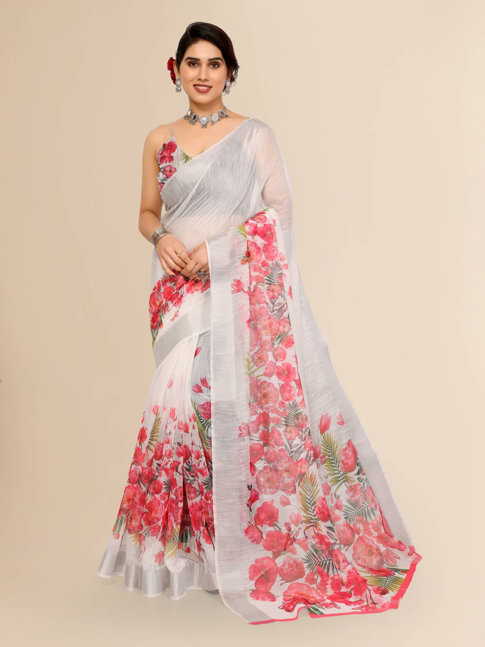 BANDHANI VILLA Linen Printed Regular Saree With Unstitched Blouse Piece ( White ) BANDHANI VILLA Linen Printed Regular Saree With Unstitched Blouse Piece ( White )