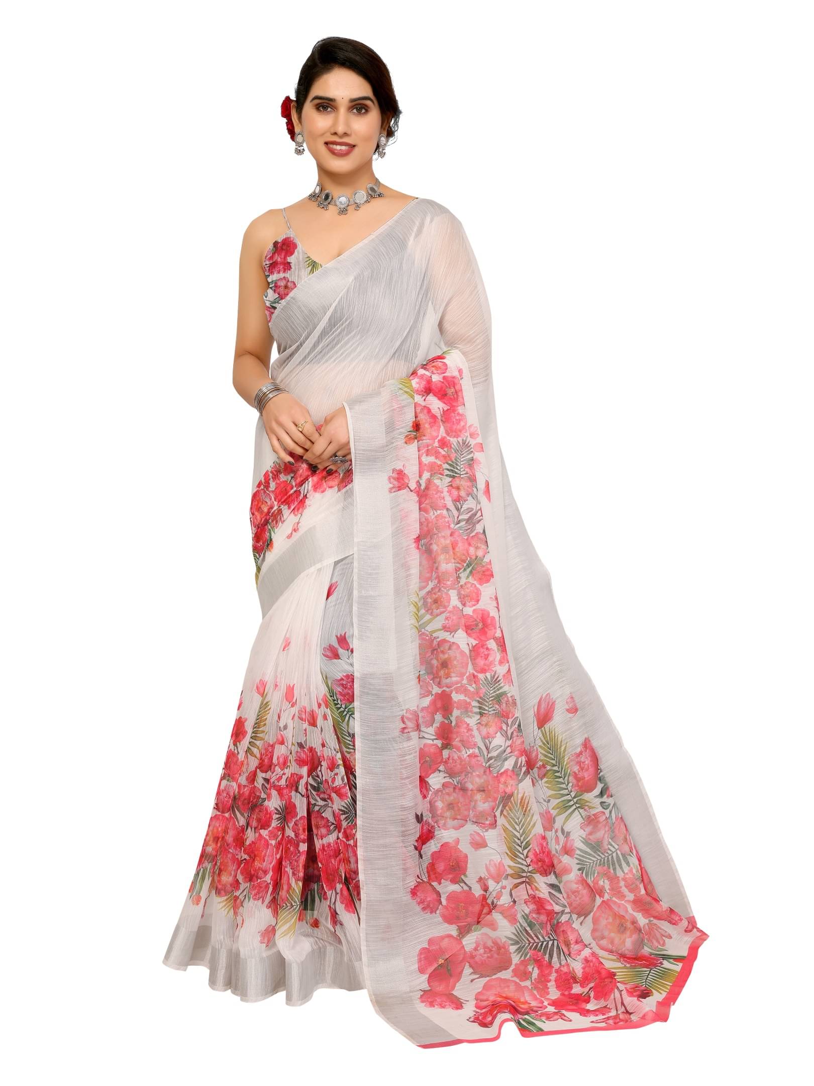 BANDHANI VILLA Linen Printed Regular Saree With Unstitched Blouse Piece ( White ) BANDHANI VILLA Linen Printed Regular Saree With Unstitched Blouse Piece ( White )