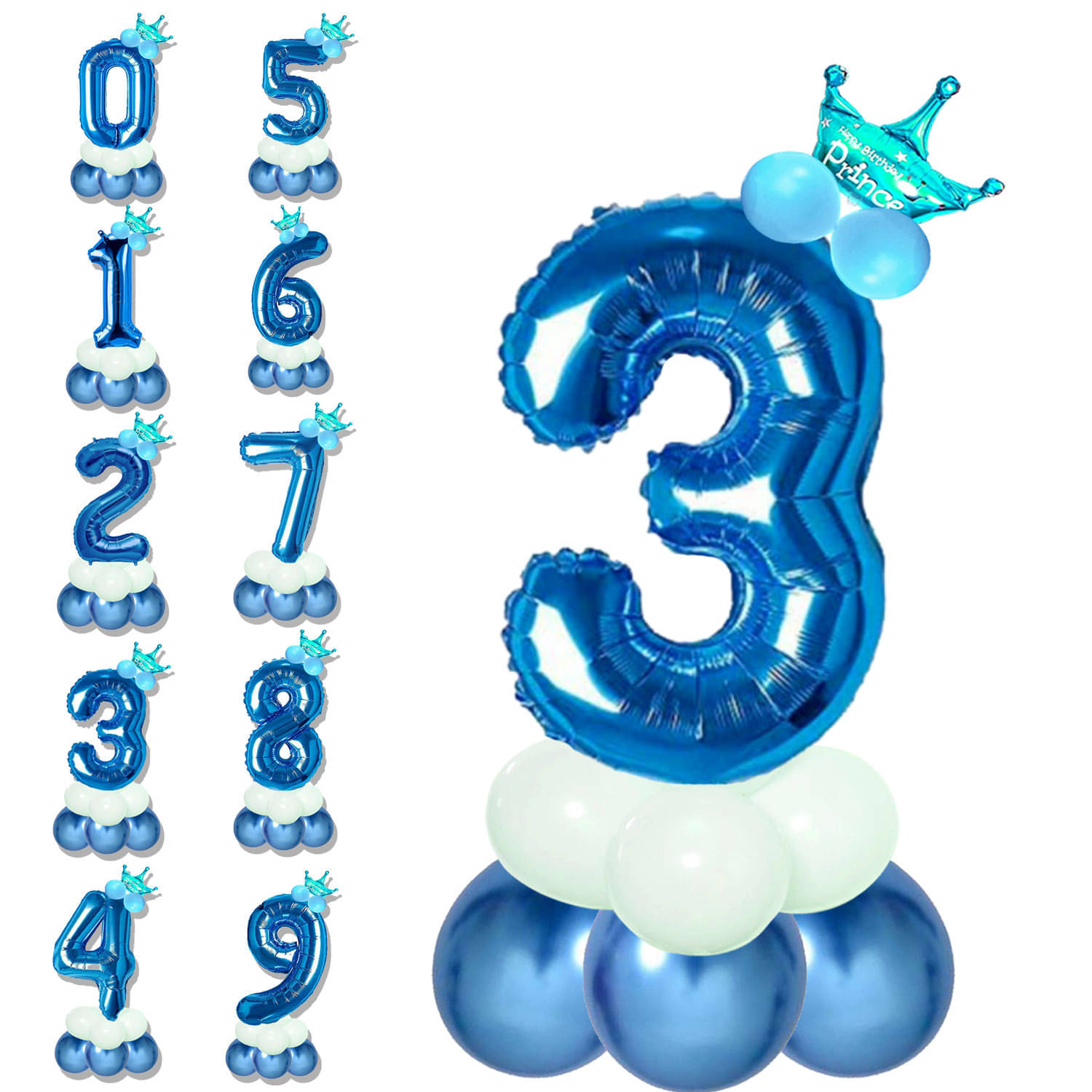     			Bubble Bells 3/Three number 32 Inch Blue color Foil Number Balloon For 3rd Birthday & Anniversary, baby shower Decoration Kit, For 3 Years Kids, Girl & Boy, adults, Helium Balloon, Crown Metalic Pastel Balloons for Party birthday photoshoot ( PACK OF 14 )