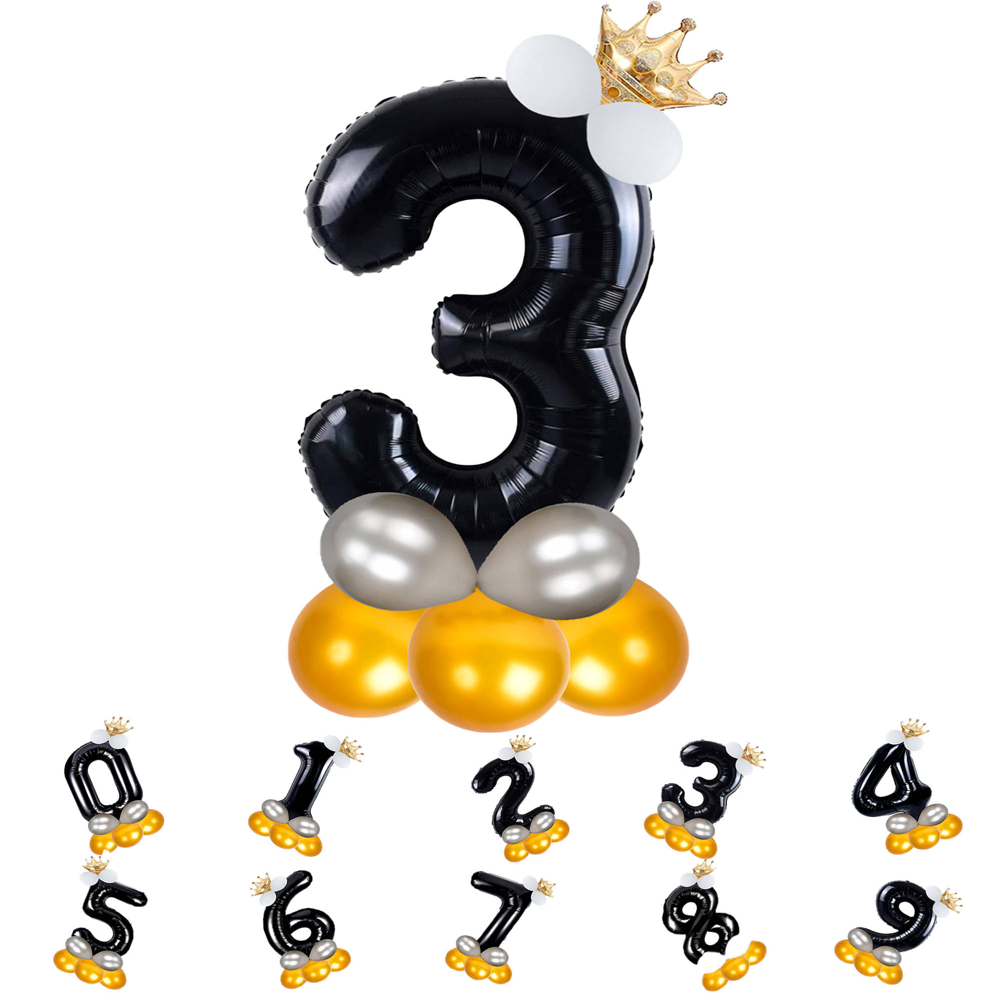     			Bubble Bells 3/Three number 32 Inch Black color Foil Number Balloon For 3rd Birthday & Anniversary, baby shower Decoration Kit, For 3 Years Kids, Girl & Boy, adults, Helium Balloon, Crown Metalic Pastel Balloons for Party birthday photoshoot ( PACK OF 14 )