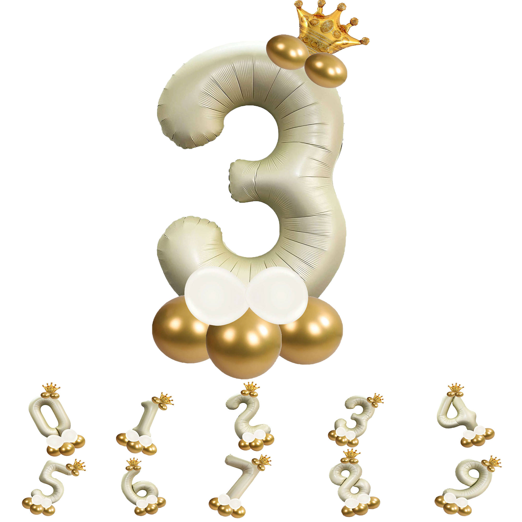     			Bubble Bells 3/Three number 32 Inch Cream color Foil Number Balloon For 3rd Birthday & Anniversary, baby shower Decoration Kit, For 3 Years Kids, Girl & Boy, adults, Helium Balloon, Crown Metalic Pastel Balloons for Party birthday photoshoot ( PACK OF 14 )