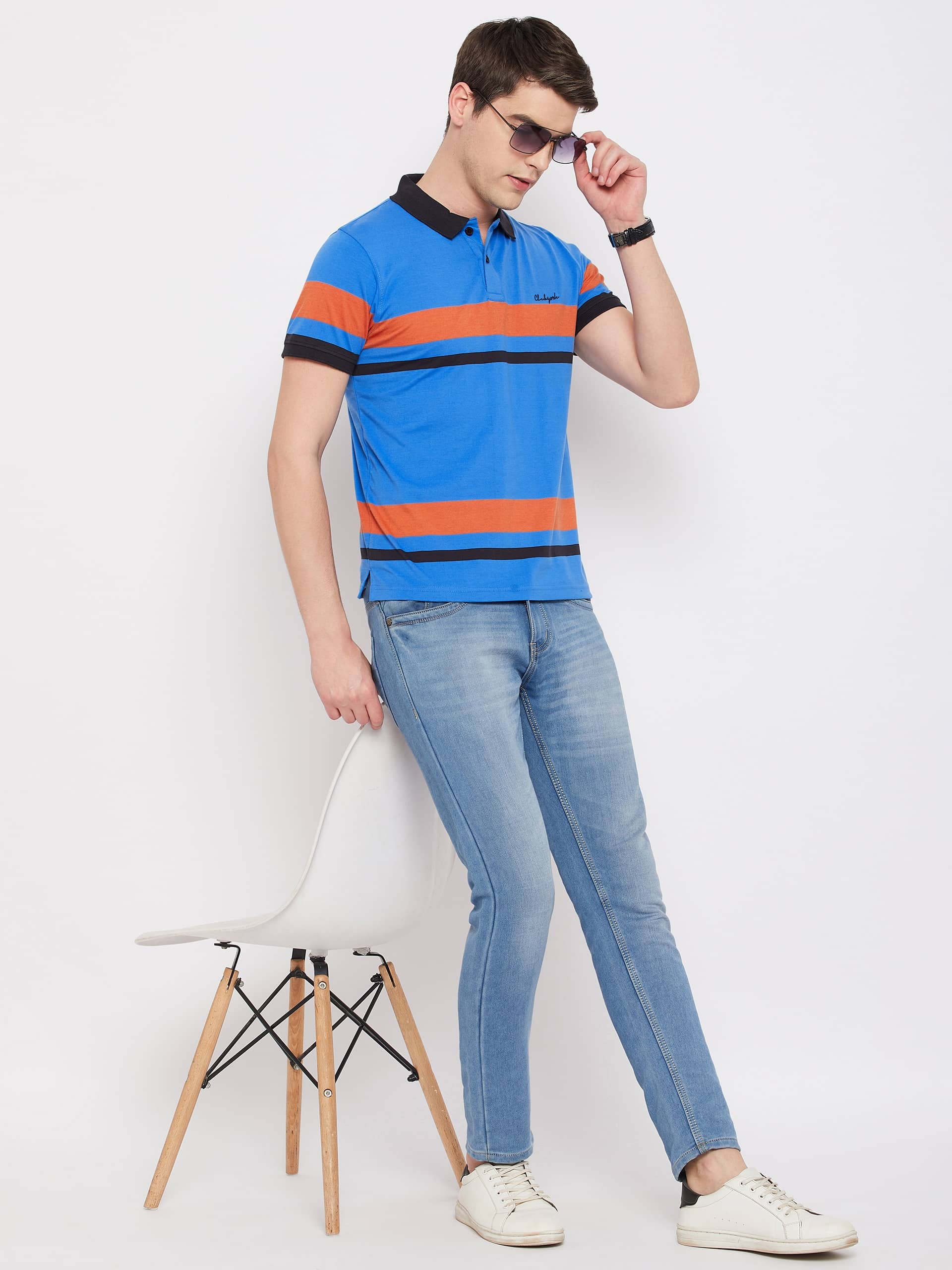 Club York Men Cotton Blend Regular Fit Striped Polo T Shirt ( Blue )