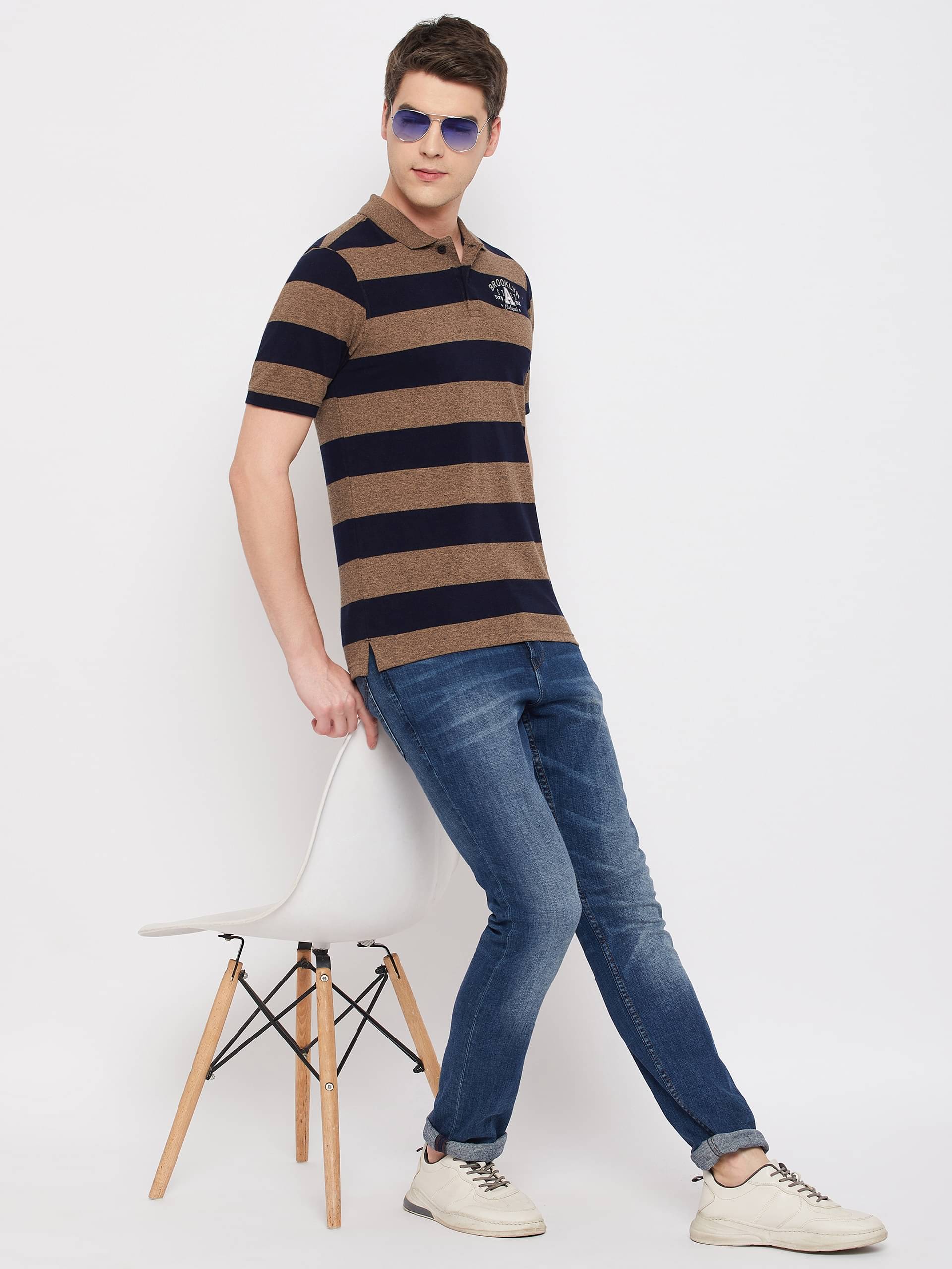 Club York Men Cotton Blend Regular Fit Striped Polo T Shirt ( Brown )     			Club York Men Cotton Blend Regular Fit Striped Polo T Shirt ( Brown )