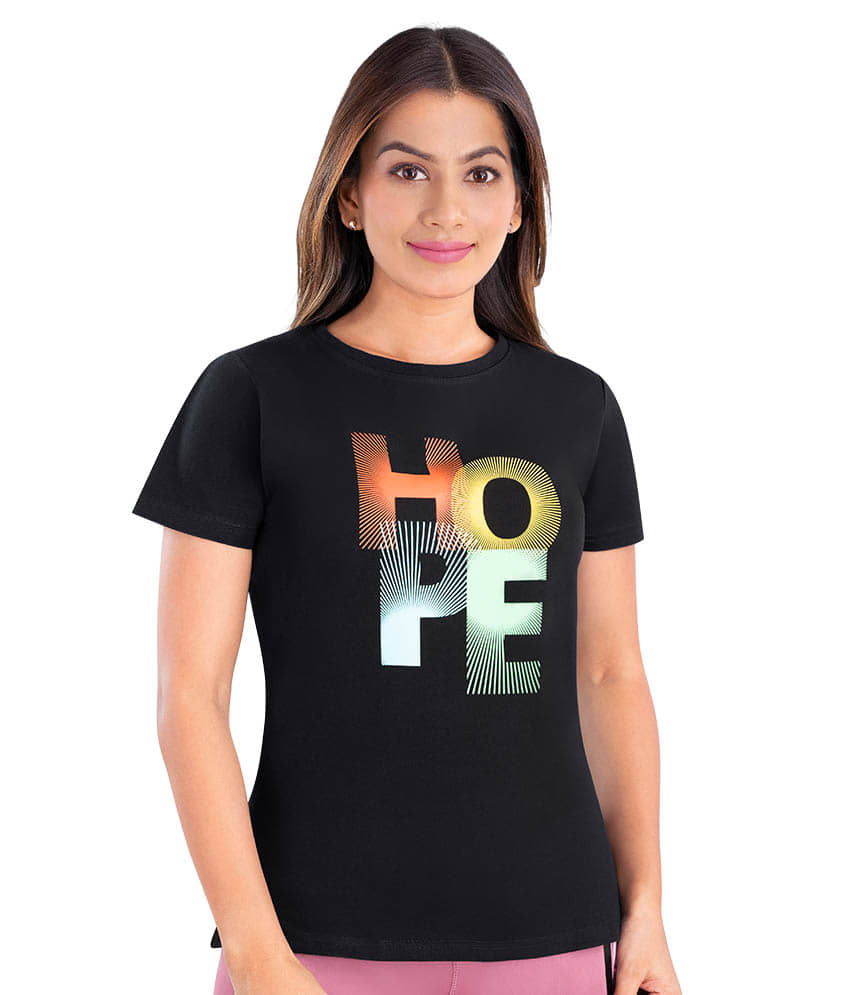 Dermawear Women Cotton Printed Regular Fit U-Neck T-Shirt ( Black )