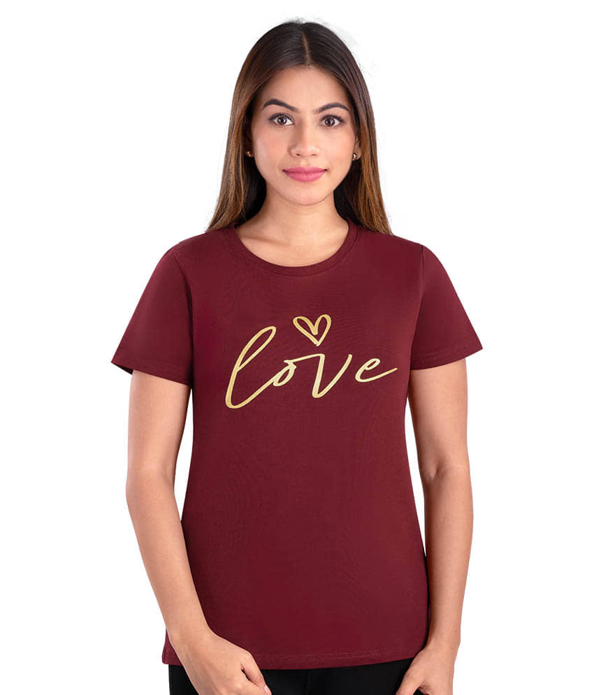 Dermawear Women Cotton Printed Regular Fit U-Neck T-Shirt ( Maroon )
