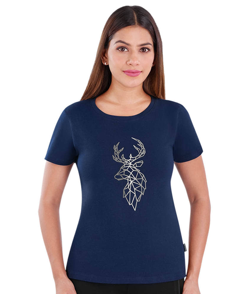 Dermawear Women Cotton Printed Regular Fit U-Neck T-Shirt ( Navy Blue )