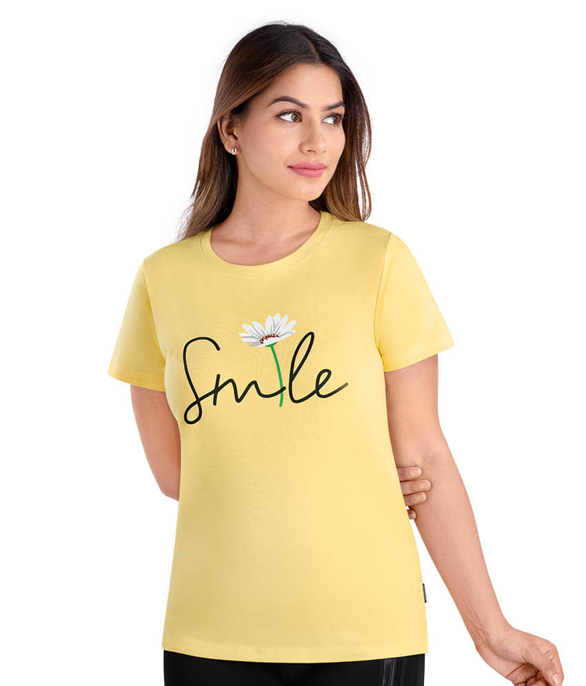 Dermawear Women Cotton Printed Regular Fit U-Neck T-Shirt ( Yellow )