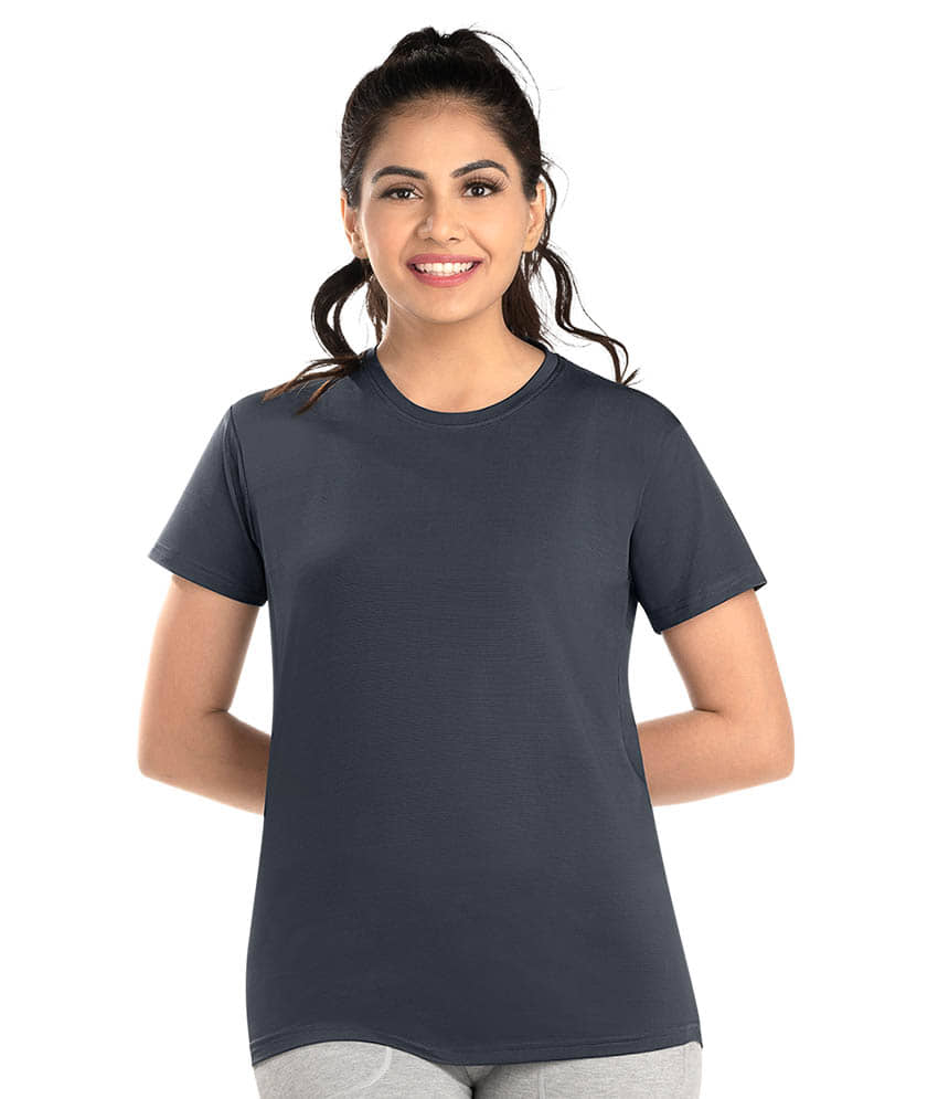 Dermawear Women Polyester Self Design Regular Fit U-Neck T-Shirt ( Navy )