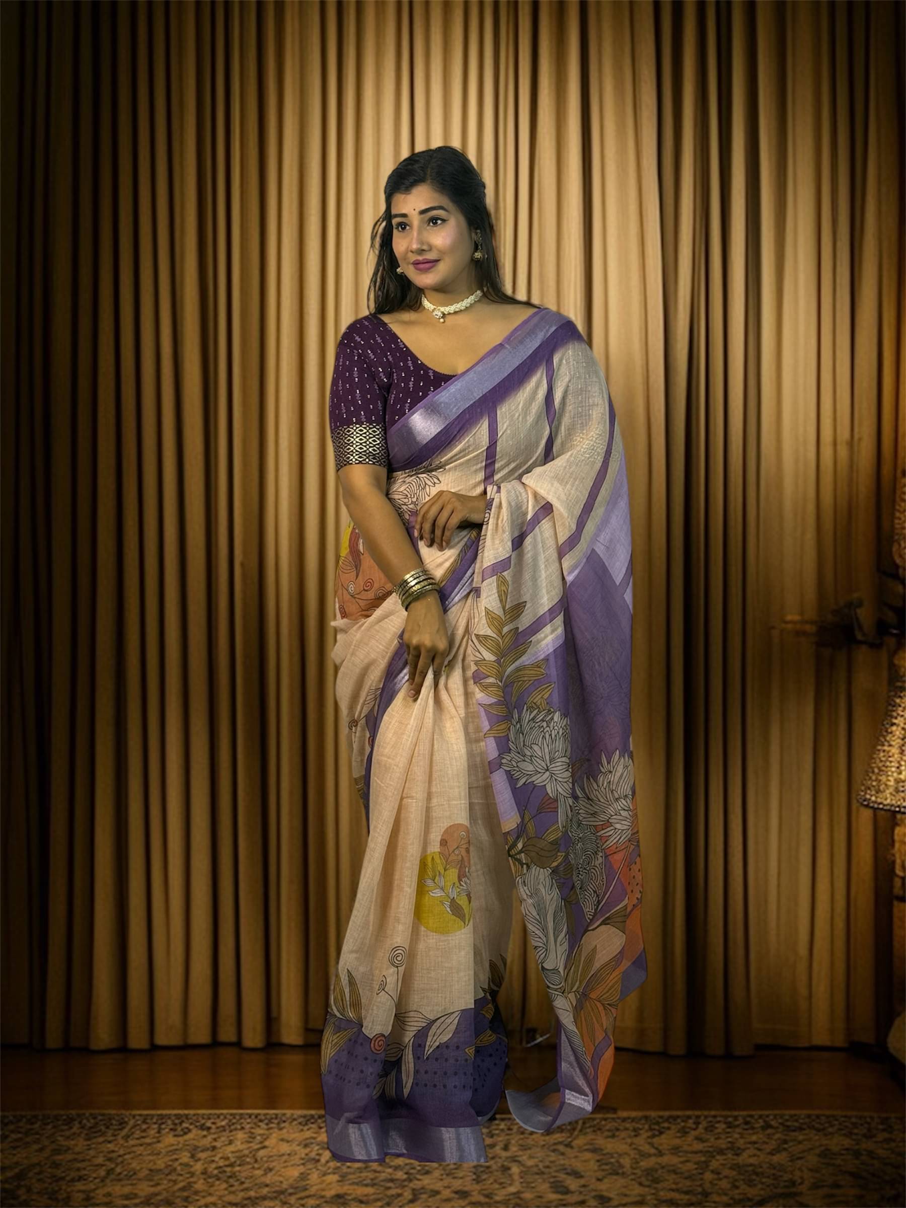     			Ethnic Trendz Linen Printed Regular Saree With Unstitched Blouse Piece ( Multicolor 2 )
