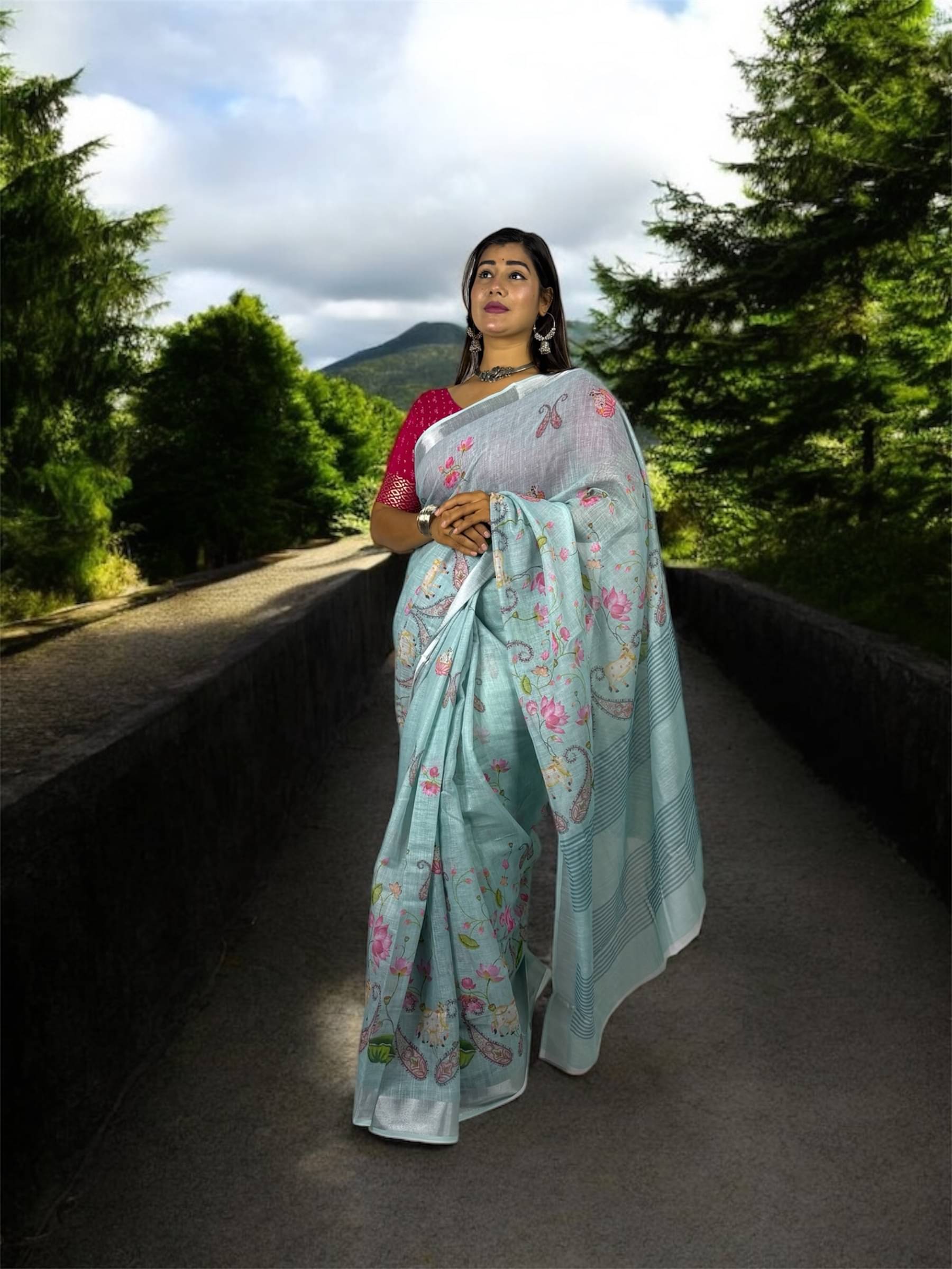     			Ethnic Trendz Linen Printed Regular Saree With Unstitched Blouse Piece ( Aqua Blue )