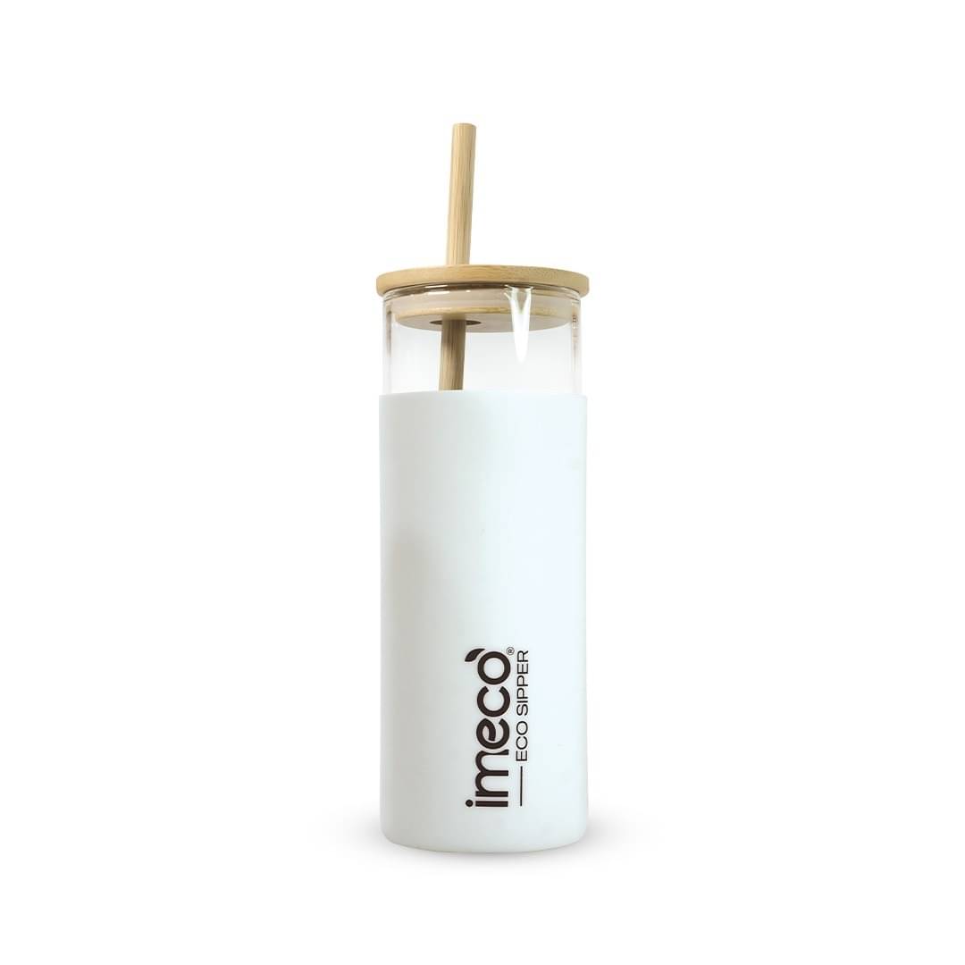     			IMECO ECO-SIPPER Glass Sipper with Bamboo Straw White Glass Sipper Water Bottle 450 mL ( Set of 1 )