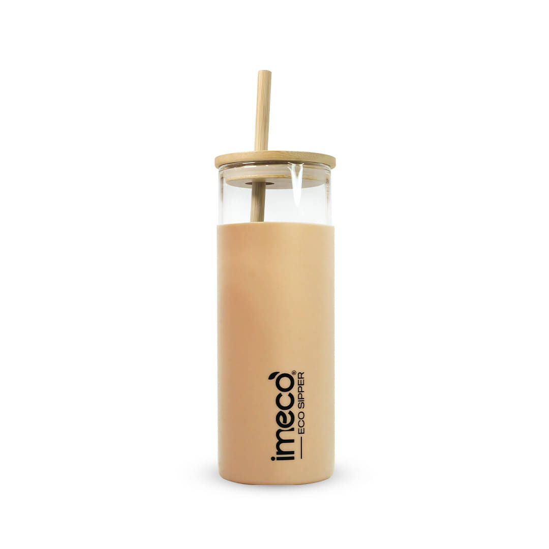     			IMECO ECO-SIPPER Glass Sipper with Bamboo Straw Peach Glass Sipper Water Bottle 450 mL ( Set of 1 )