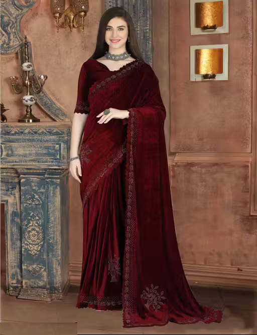 JULEE Velvet Solid Regular Saree With Unstitched Blouse Piece ( Maroon ) JULEE Velvet Solid Regular Saree With Unstitched Blouse Piece ( Maroon )