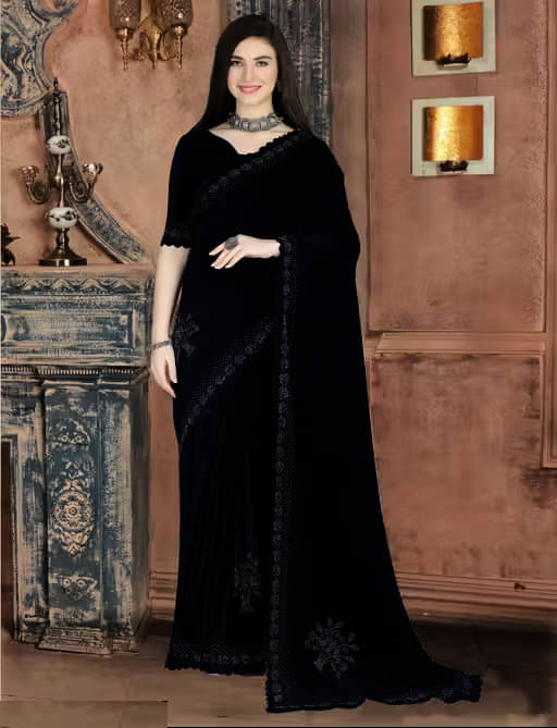 JULEE Velvet Solid Regular Saree With Unstitched Blouse Piece ( Black ) JULEE Velvet Solid Regular Saree With Unstitched Blouse Piece ( Black )
