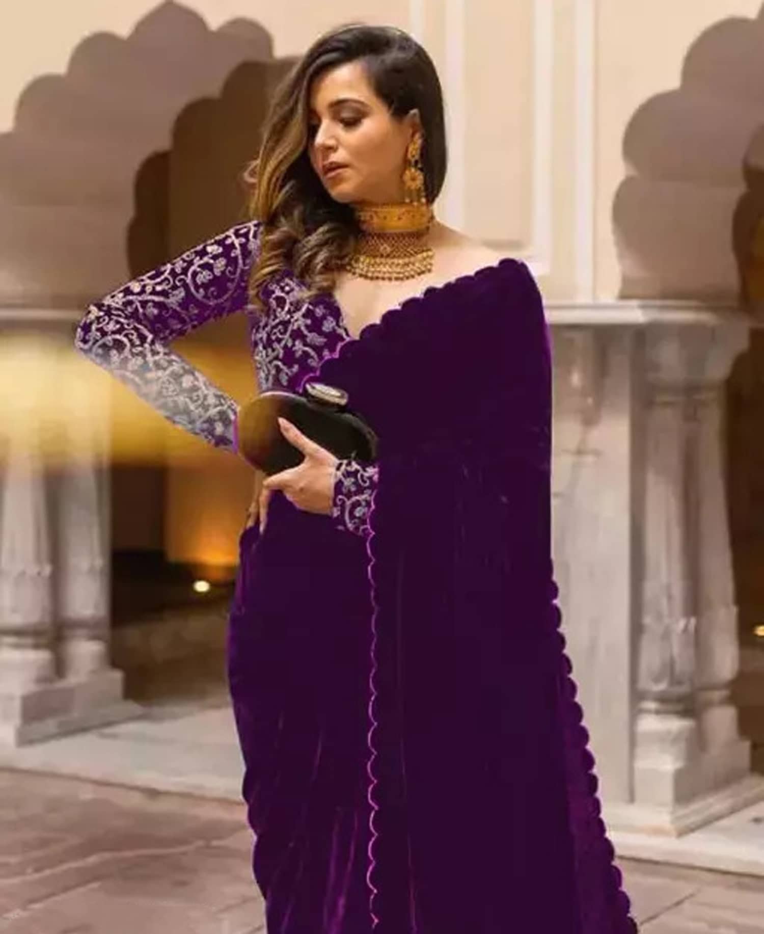 KV Fashion Velvet Embroidered Regular Saree With Unstitched Blouse Piece ( Wine ) - Sarees | Buy online on ZillyBuy