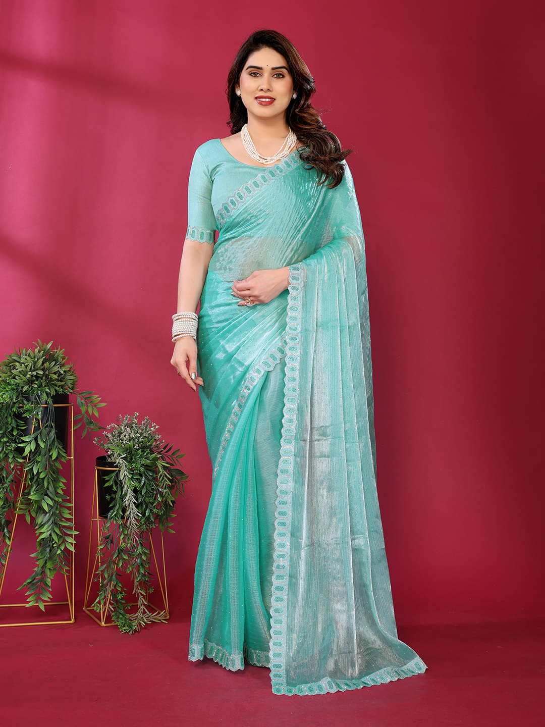    			Kashvi Sarees Jimmy Choo Embellished Ilkal Saree With Unstitched Blouse Piece ( Sky Blue )