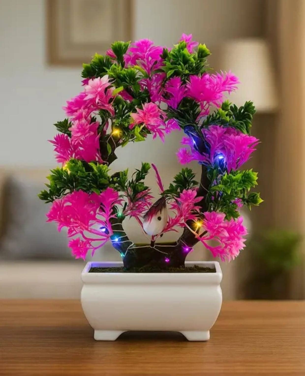 Modo® Artificial Plant with Sparrow & Light - Green & Pink (23.5)