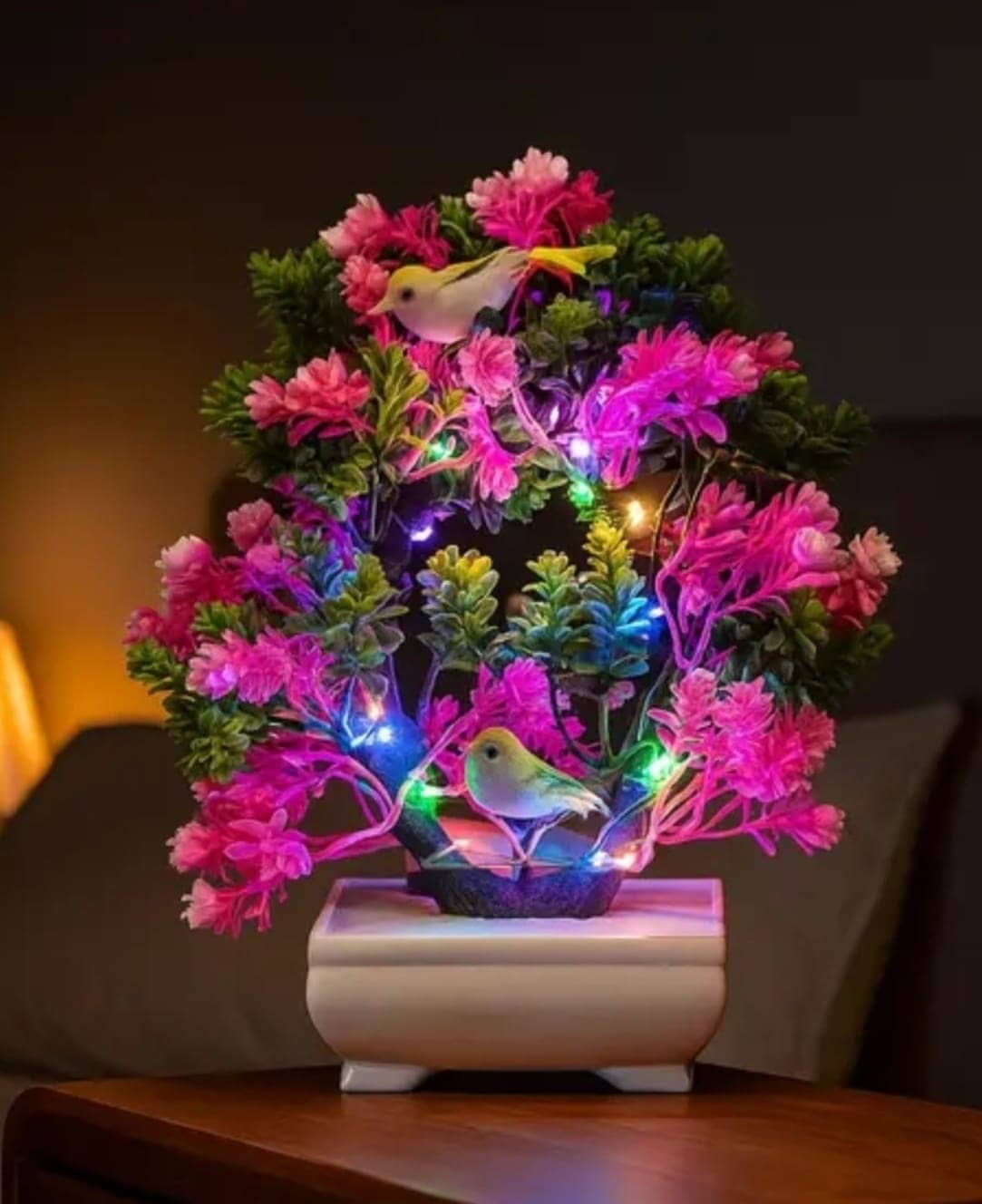 Modo® Charming Pink & Green Artificial Plant With LED Light & Pairs of Cute Sparrow for your Living Room, Dinning Room & Office Table
