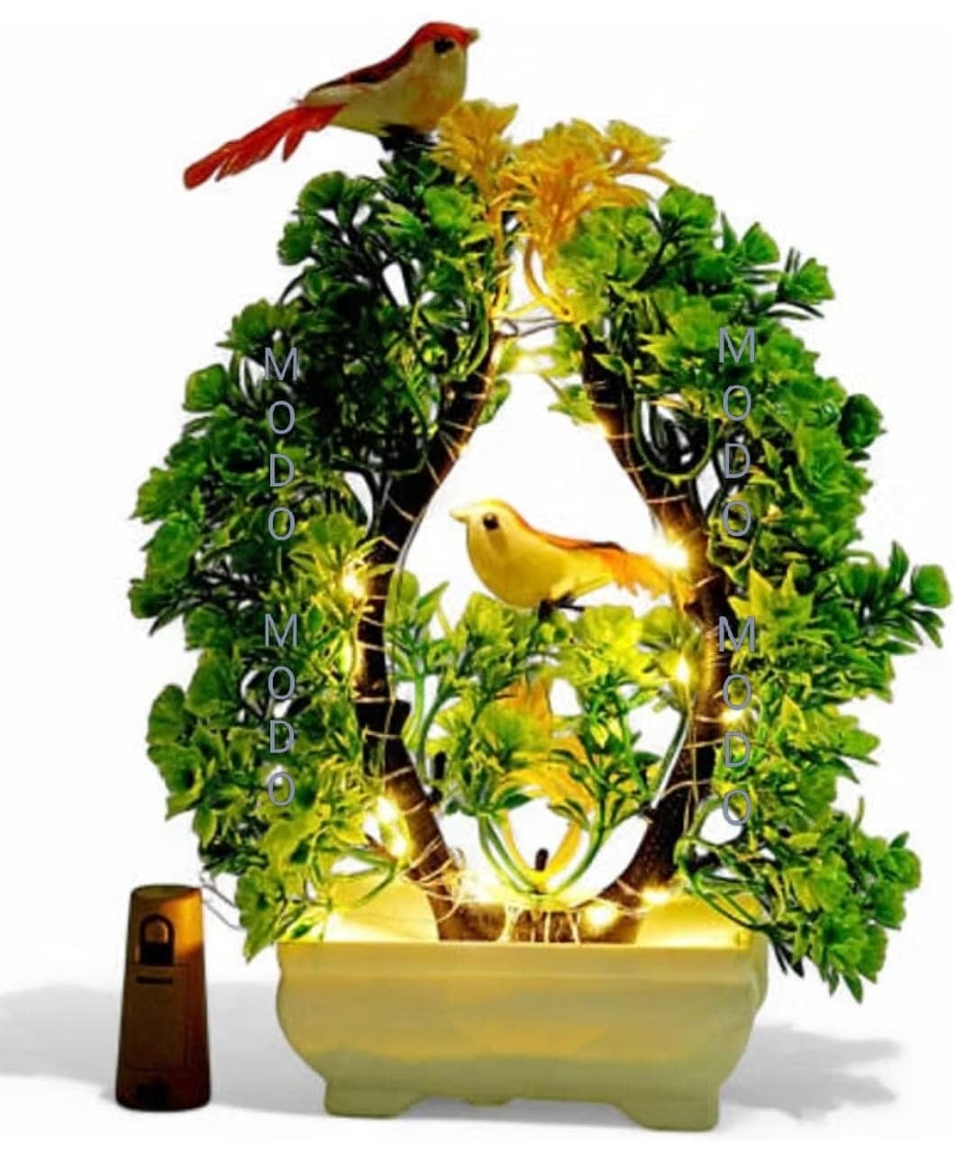 Modo® Trendy Green & Yellow Artificial Bonsoi Tree With LED Light & Pairs of Cute Sparrow- 'Living Room' Dining Table, Home,Office Party,Speacial Ocassion Indoor Décor, Festival Theme Decorative Gift for Couple & DIWALI