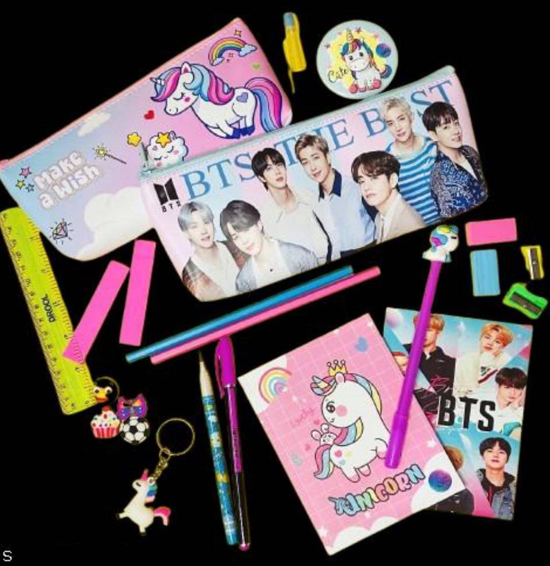 Polyester BTS AND UNICORN Stationery Gift Set For Kids Girls BTS Theme School Stationery Pouch Pencil Case For Girls Bts Diary Pencil Pen Eraser Party Favor Birthday Gift For Kids (Pack of 23) Polyester BTS AND UNICORN Stationery Gift Set For Kids Girls BTS Theme School Stationery Pouch Pencil Case For Girls Bts Diary Pencil Pen Eraser Party Favor Birthday Gift For Kids (Pack of 23)