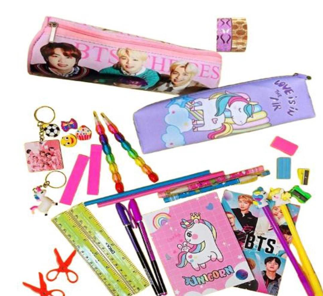     			Polyester BTS AND UNICORN Stationery Gift Set For Kids Girls BTS Theme School Stationery Pouch Pencil Case For Girls Bts Diary Pencil Pen Eraser Party Favor Birthday Gift For Kids (Pack of 32)