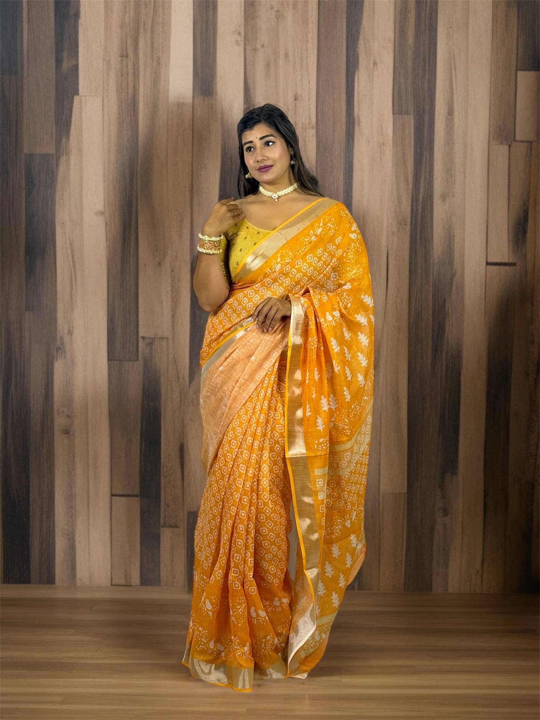     			VTEXX Linen Printed Regular Saree With Unstitched Blouse Piece ( Yellow1 )