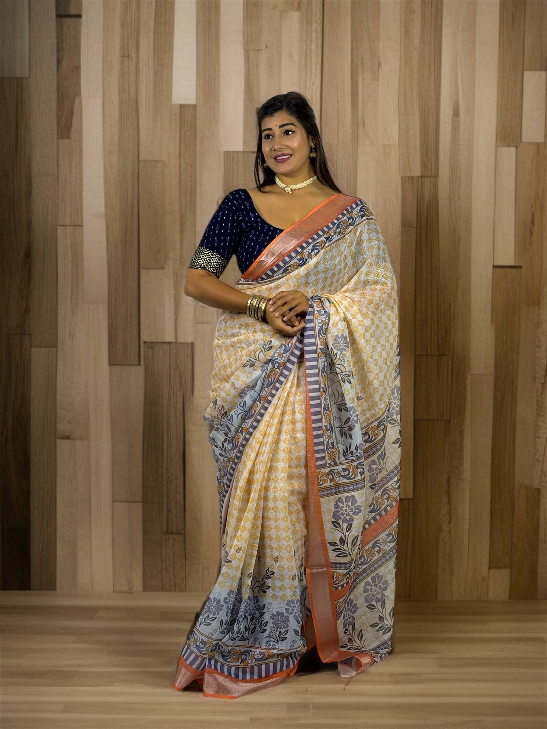 VTEXX Linen Printed Regular Saree With Unstitched Blouse Piece ( Cream ) VTEXX Linen Printed Regular Saree With Unstitched Blouse Piece ( Cream )