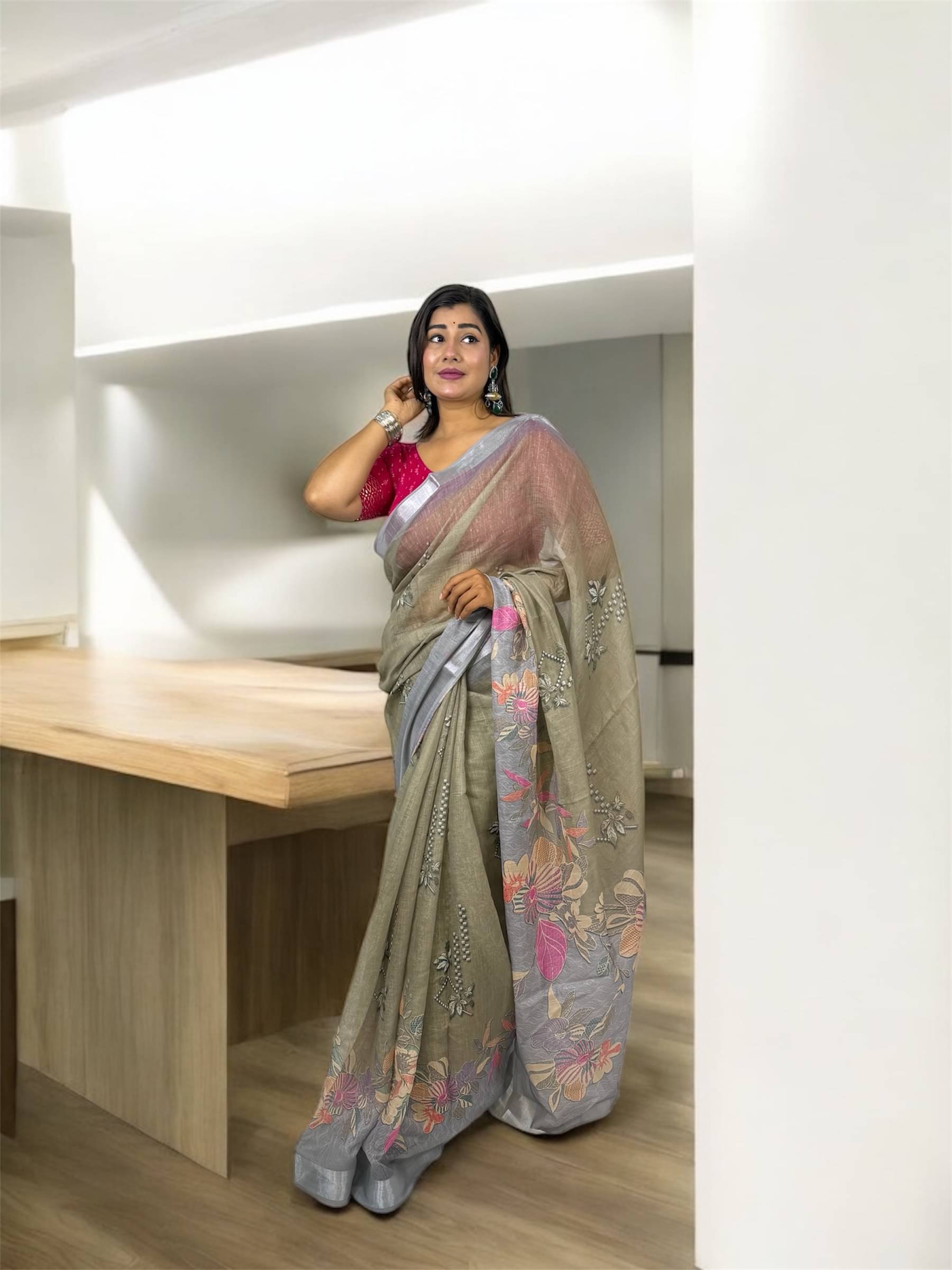 VTEXX Linen Printed Regular Saree With Unstitched Blouse Piece ( Olive ) VTEXX Linen Printed Regular Saree With Unstitched Blouse Piece ( Olive )