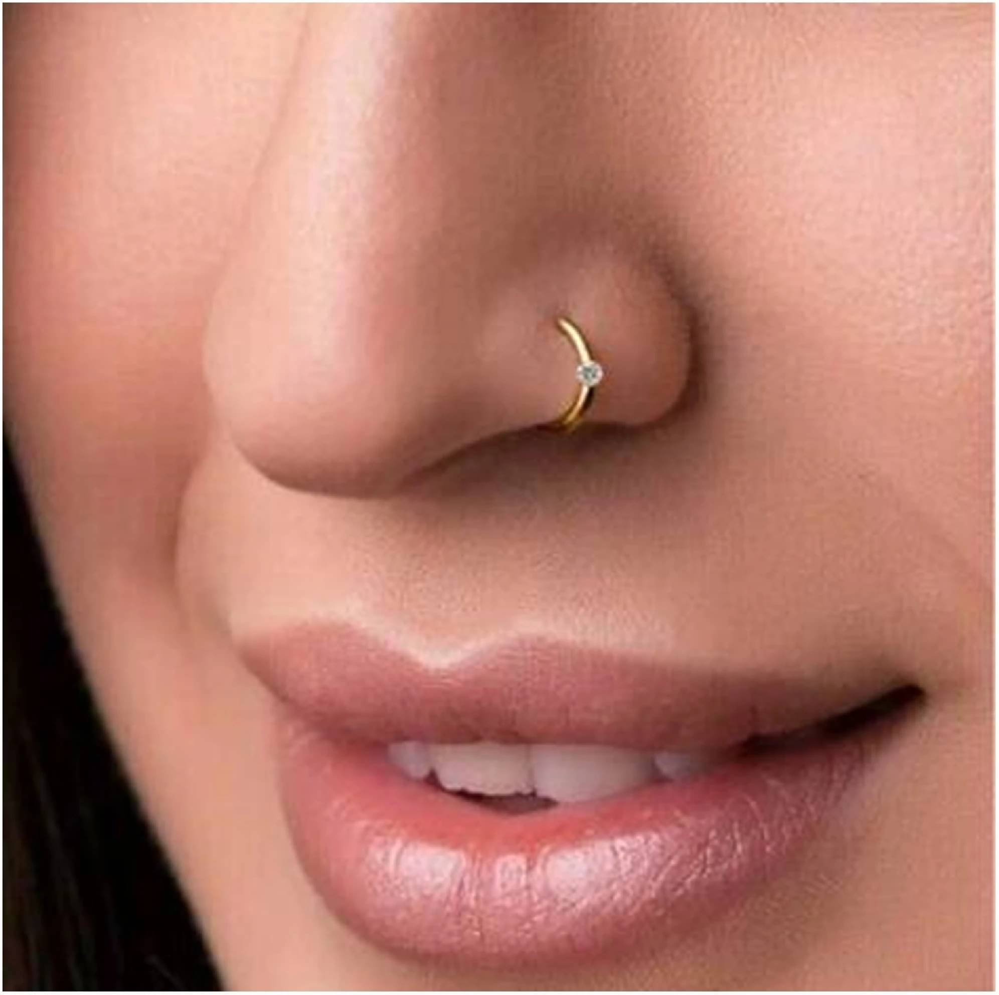     			house of common Silver, Rhodium Plated Brass, Metal, Alloy, Stone Nose Ring (Pack of 2)
