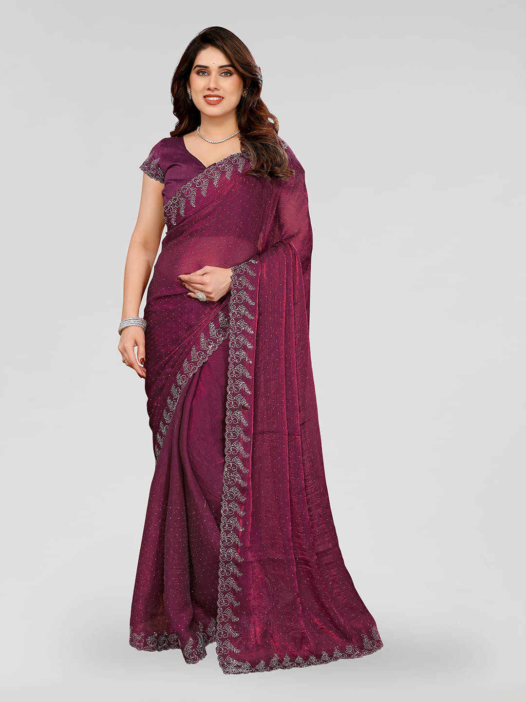 ANAND SAREES Chiffon Solid Ilkal Saree With Unstitched Blouse Piece ( Purple ) ANAND SAREES Chiffon Solid Ilkal Saree With Unstitched Blouse Piece ( Purple )