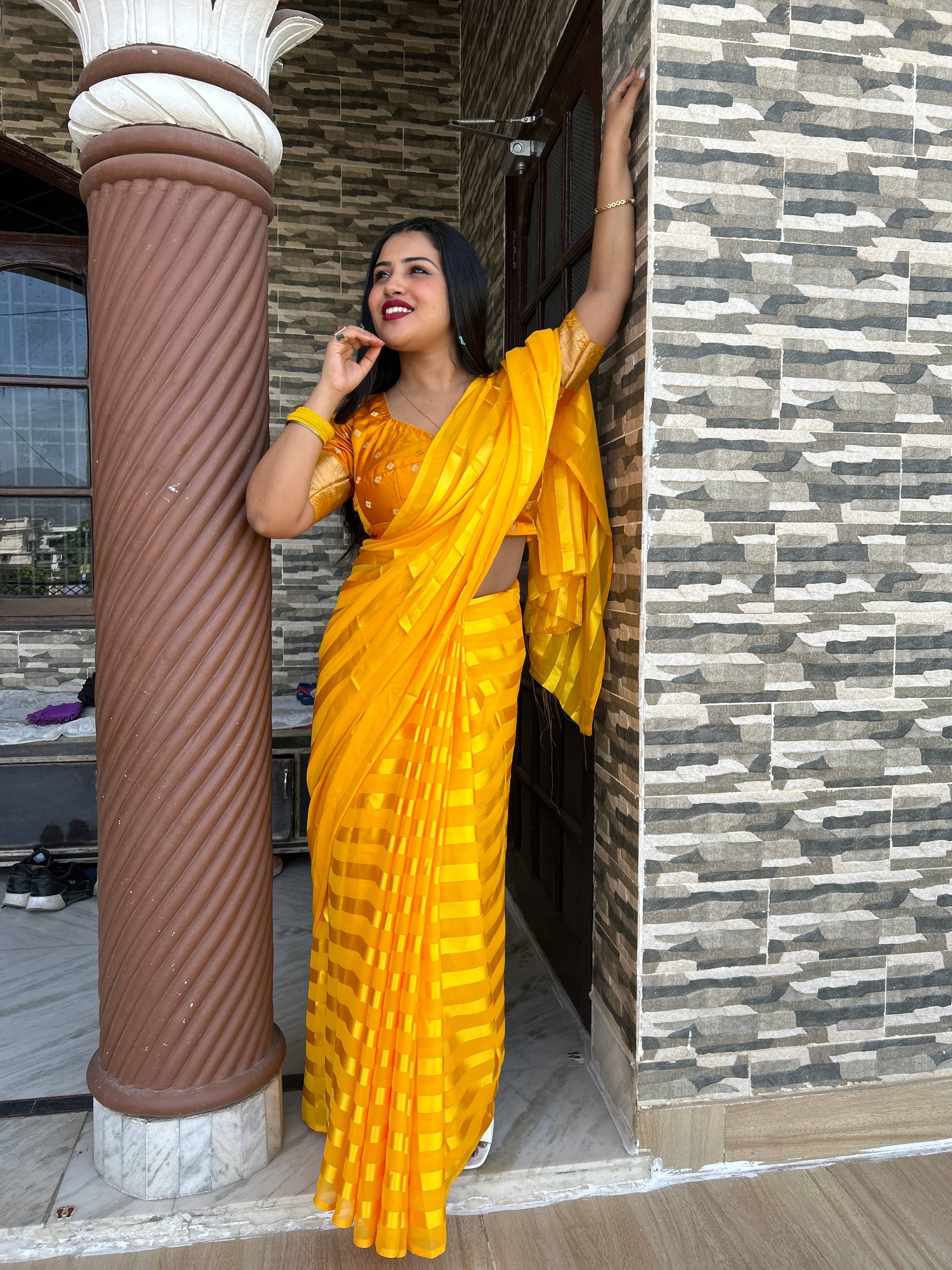 ANAND SAREES Georgette Striped Ilkal Saree With Unstitched Blouse Piece ( YELLOW ) ANAND SAREES Georgette Striped Ilkal Saree With Unstitched Blouse Piece ( YELLOW )