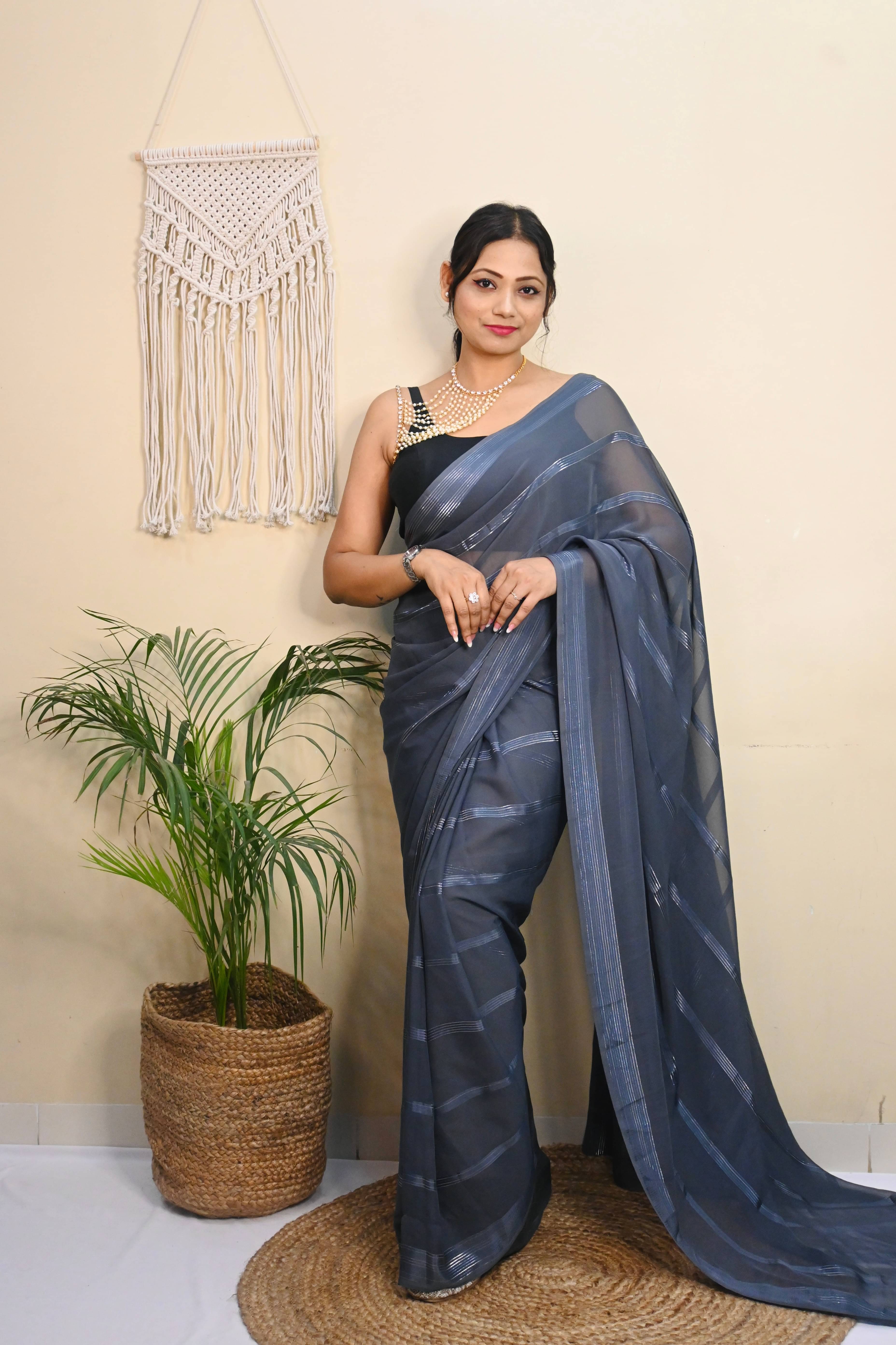     			ANAND SAREES Georgette Striped Ilkal Saree With Unstitched Blouse Piece ( GREY )