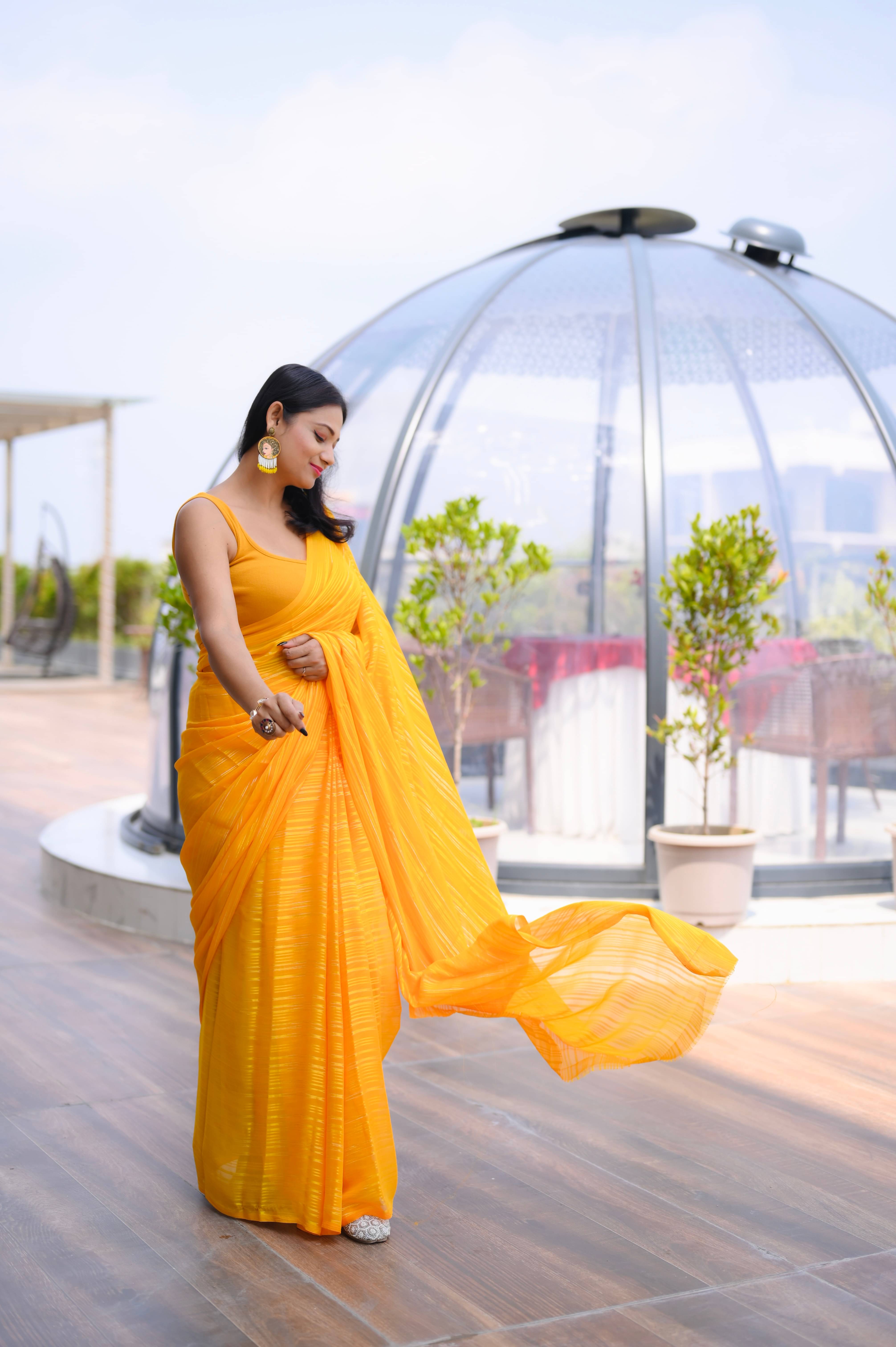     			ANAND SAREES Georgette Striped Ilkal Saree With Unstitched Blouse Piece ( YELLOW )